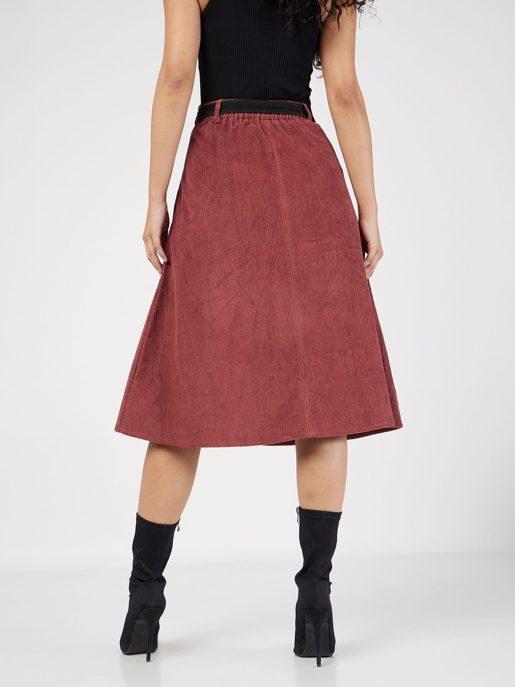Rust Corduroy A-Line Midi Skirt-SASSAFRAS