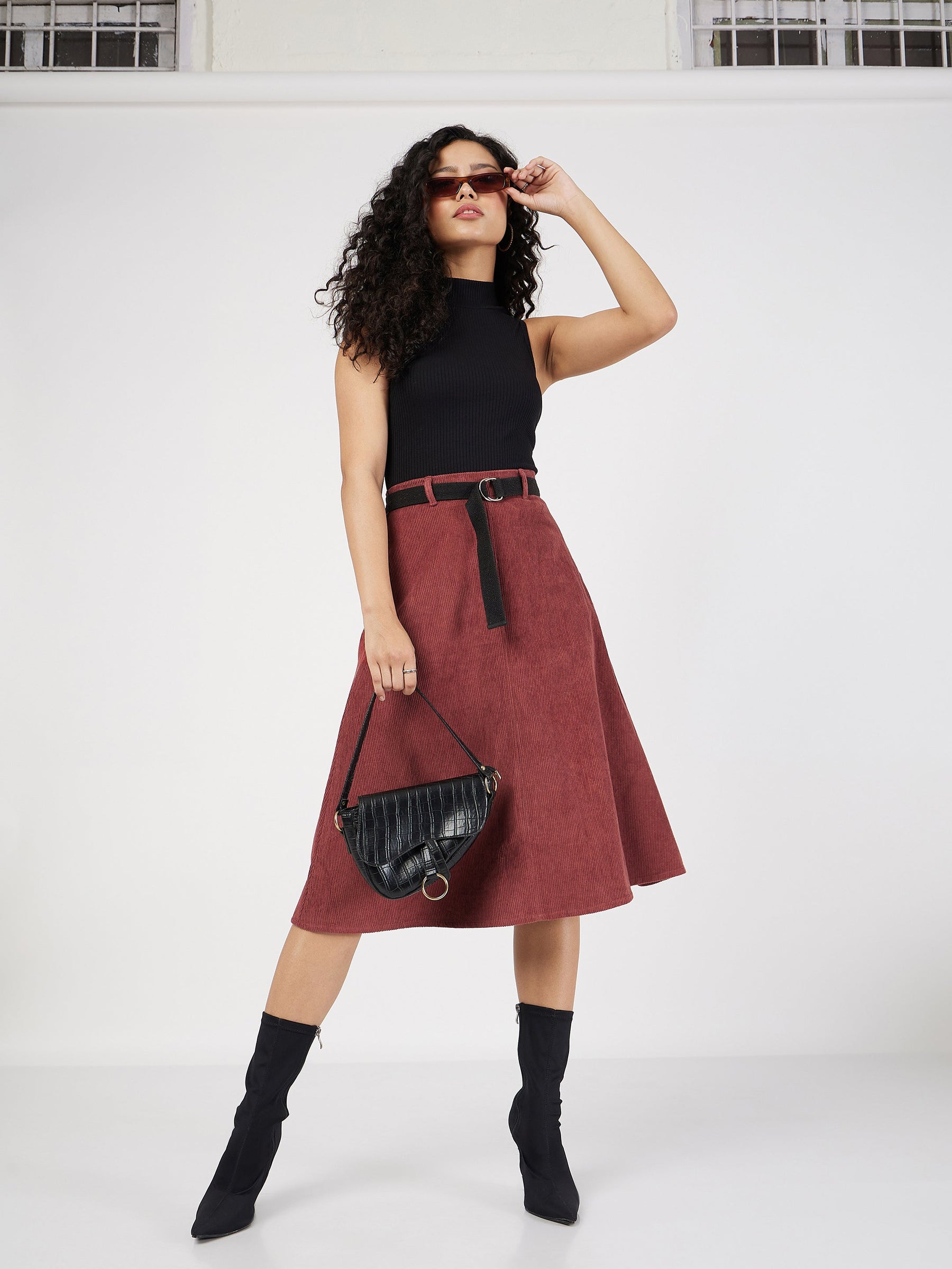 Rust Corduroy A-Line Midi Skirt-SASSAFRAS