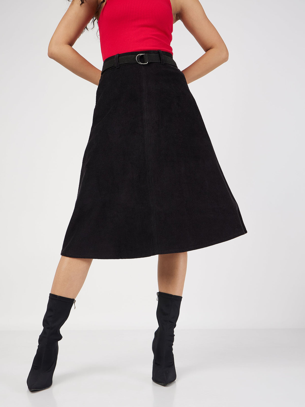Black Corduroy A-Line Midi Skirt-SASSAFRAS