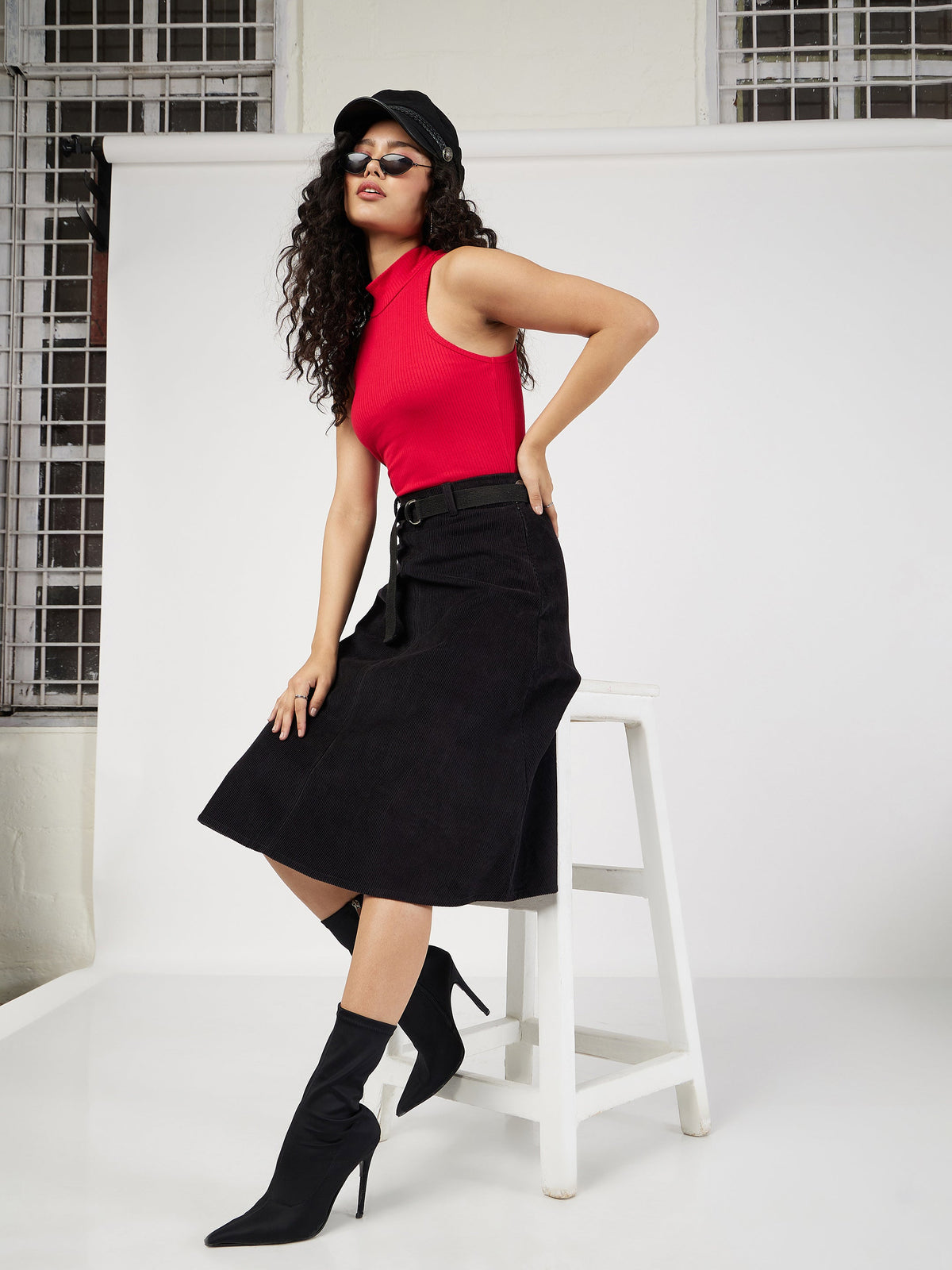 Black Corduroy A-Line Midi Skirt-SASSAFRAS