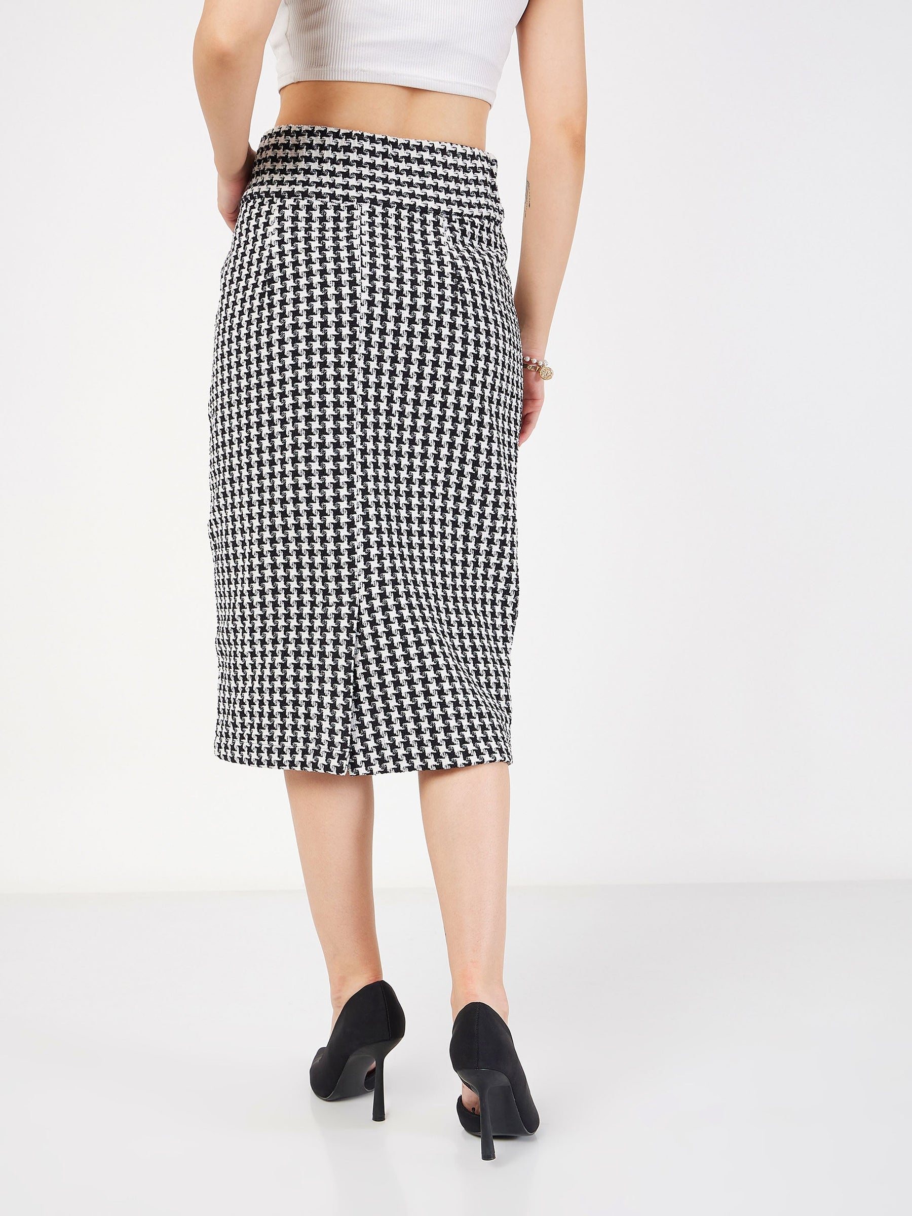 Black Geometrical Jacquard Tweed Pencil Skirt-SASSAFRAS