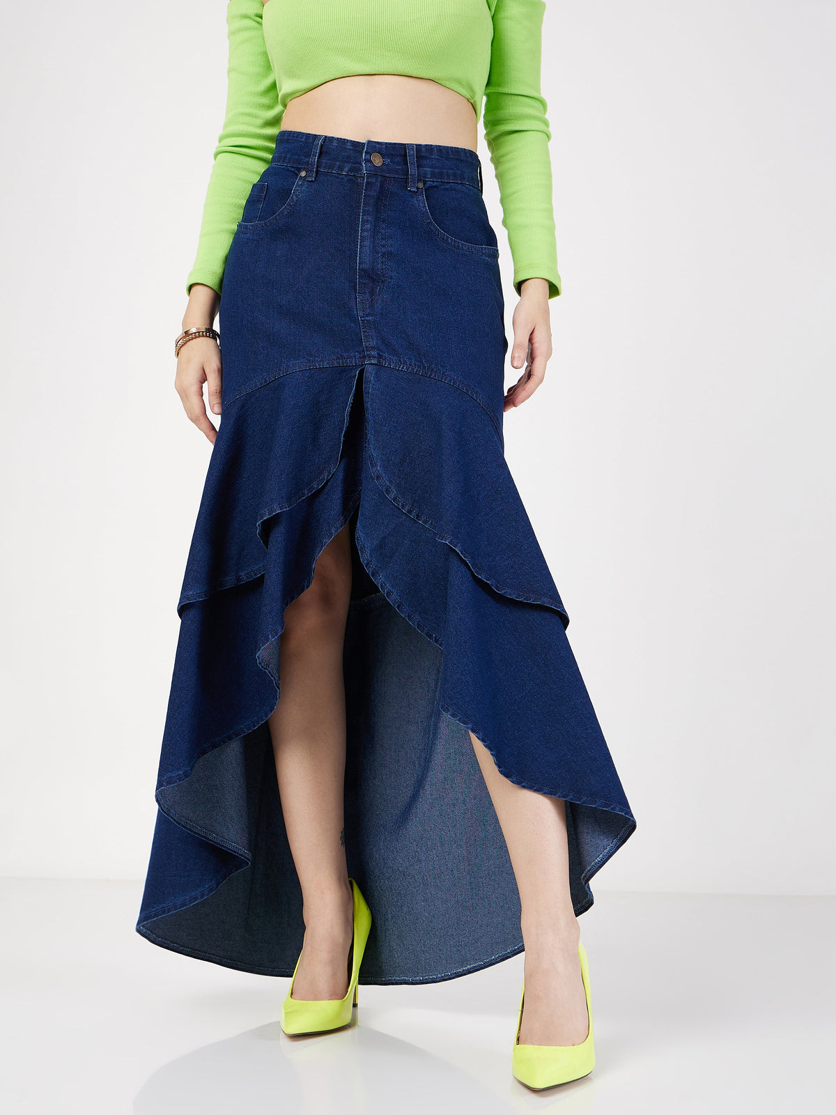 Navy Blue Denim Ruffle High Low Skirt -SASSAFRAS