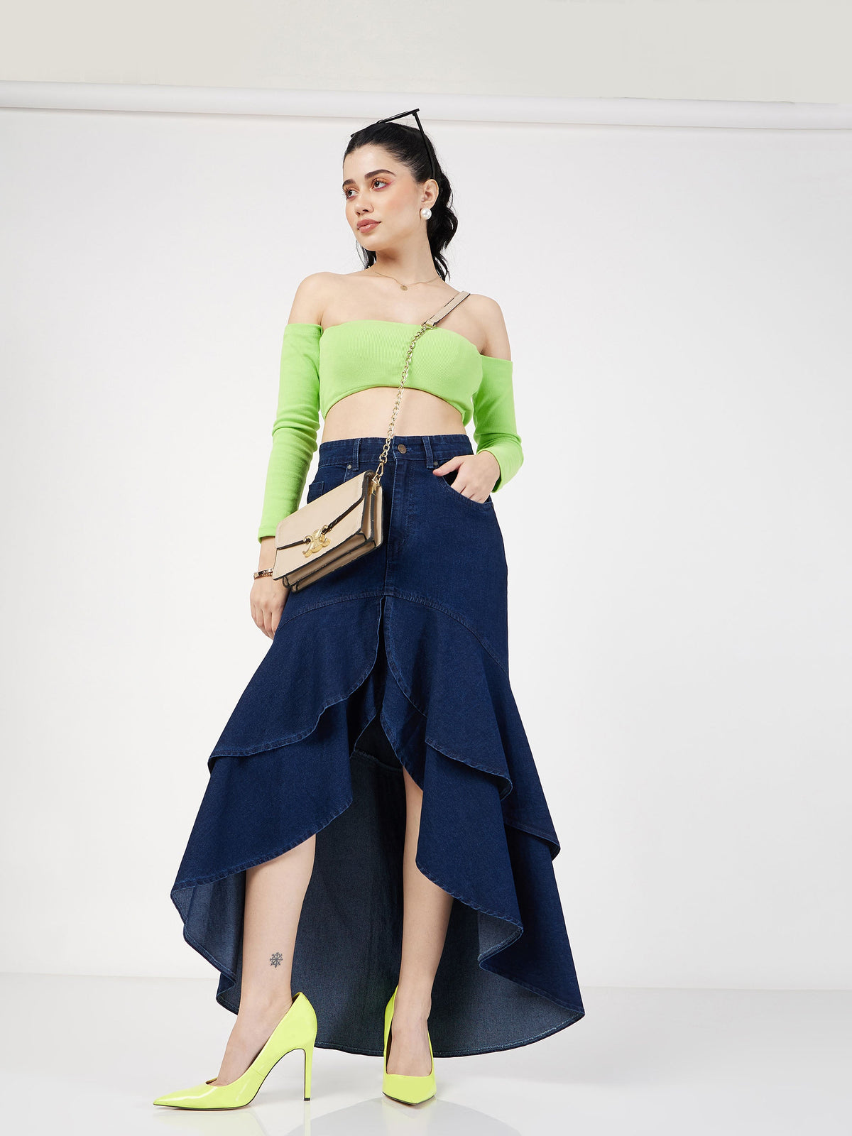Navy Blue Denim Ruffle High Low Skirt -SASSAFRAS