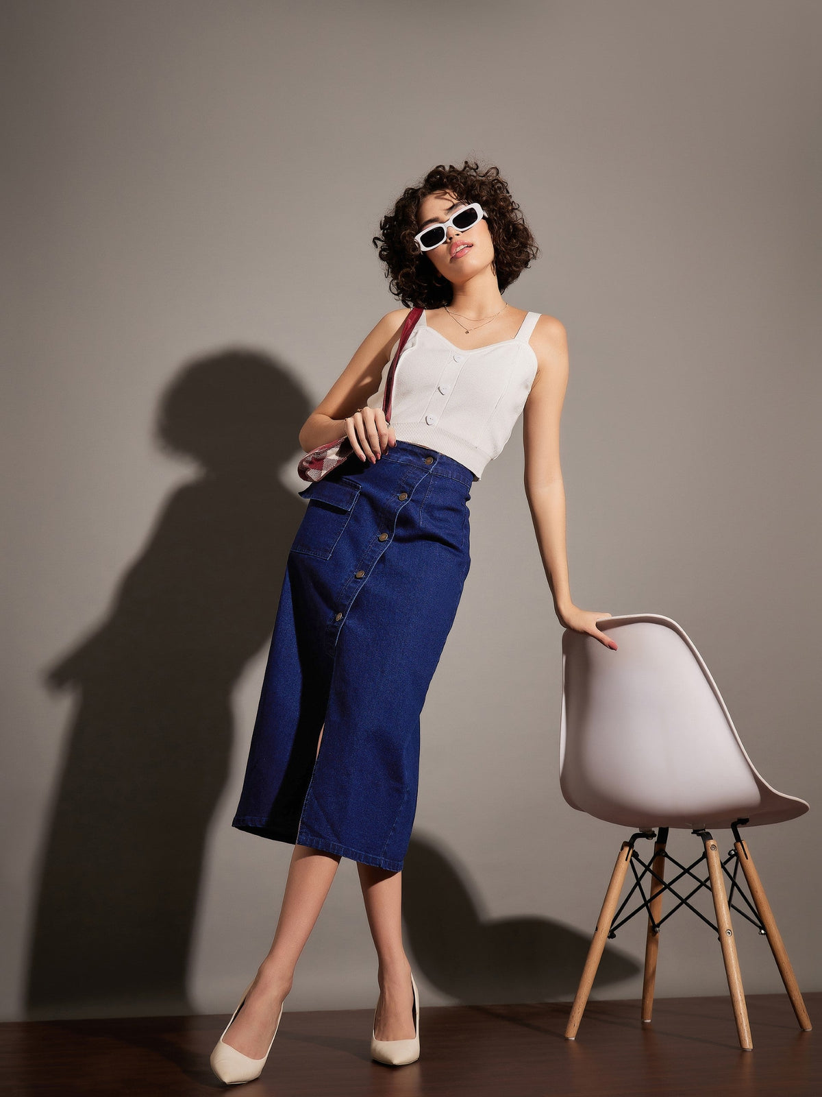 Classic Blue Front Button Wrap Skirt-SASSAFRAS