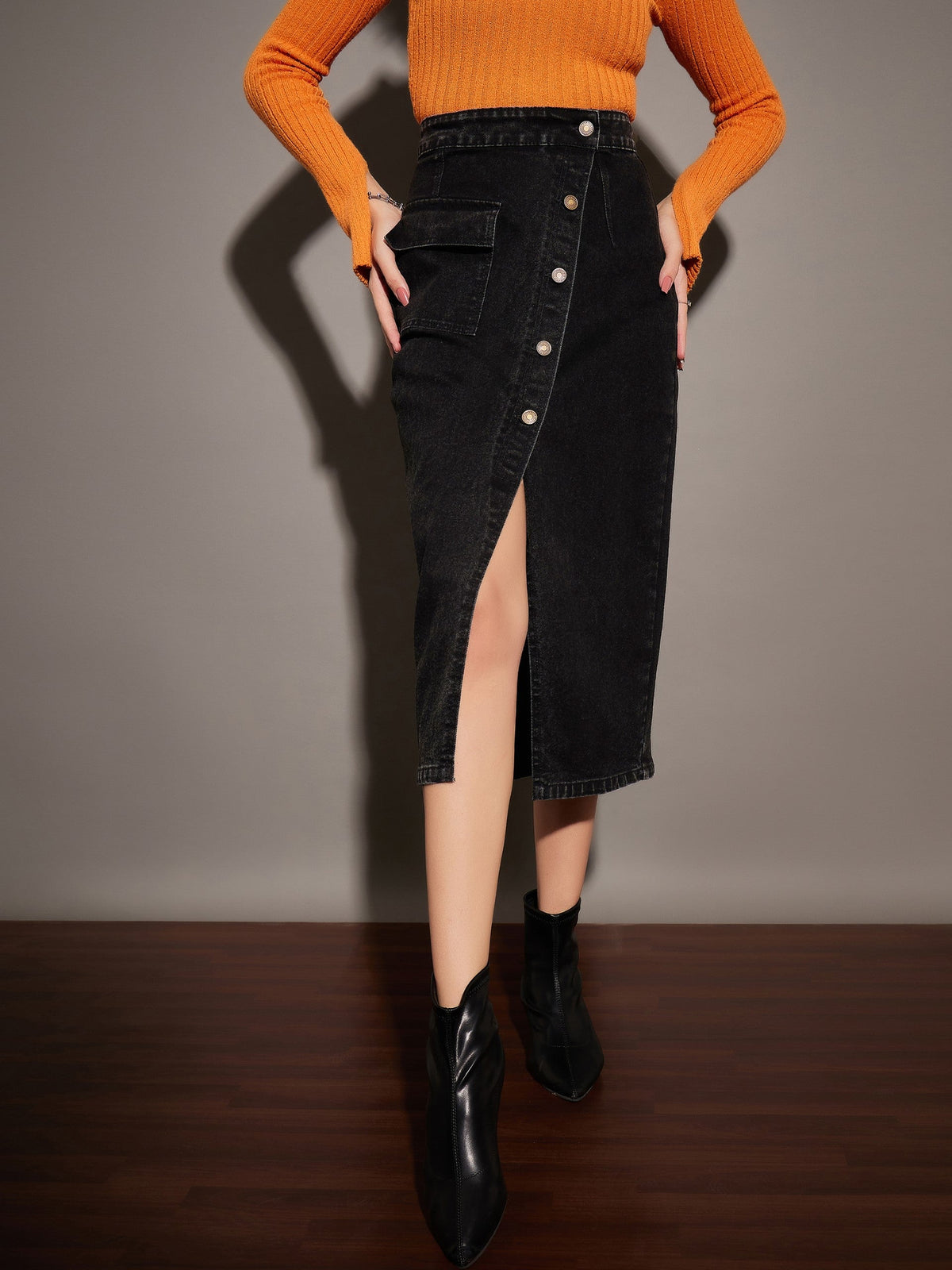 Black Washed Front Button Wrap Skirt-SASSAFRAS