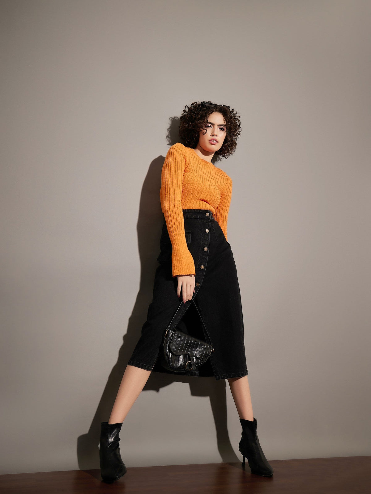Black Washed Front Button Wrap Skirt-SASSAFRAS