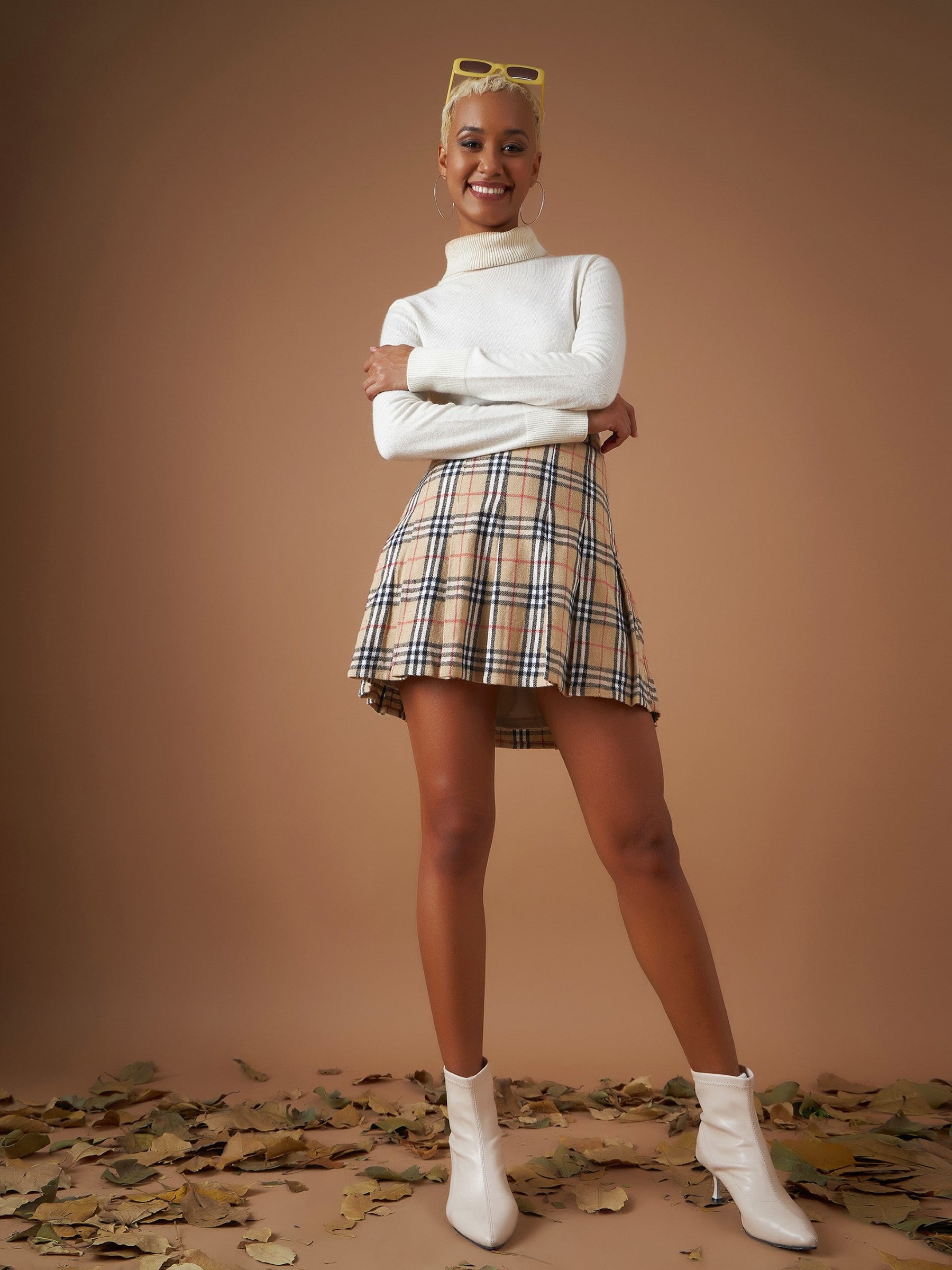 Beige Flannel Check Pleated Mini Skirt-SASSAFRAS