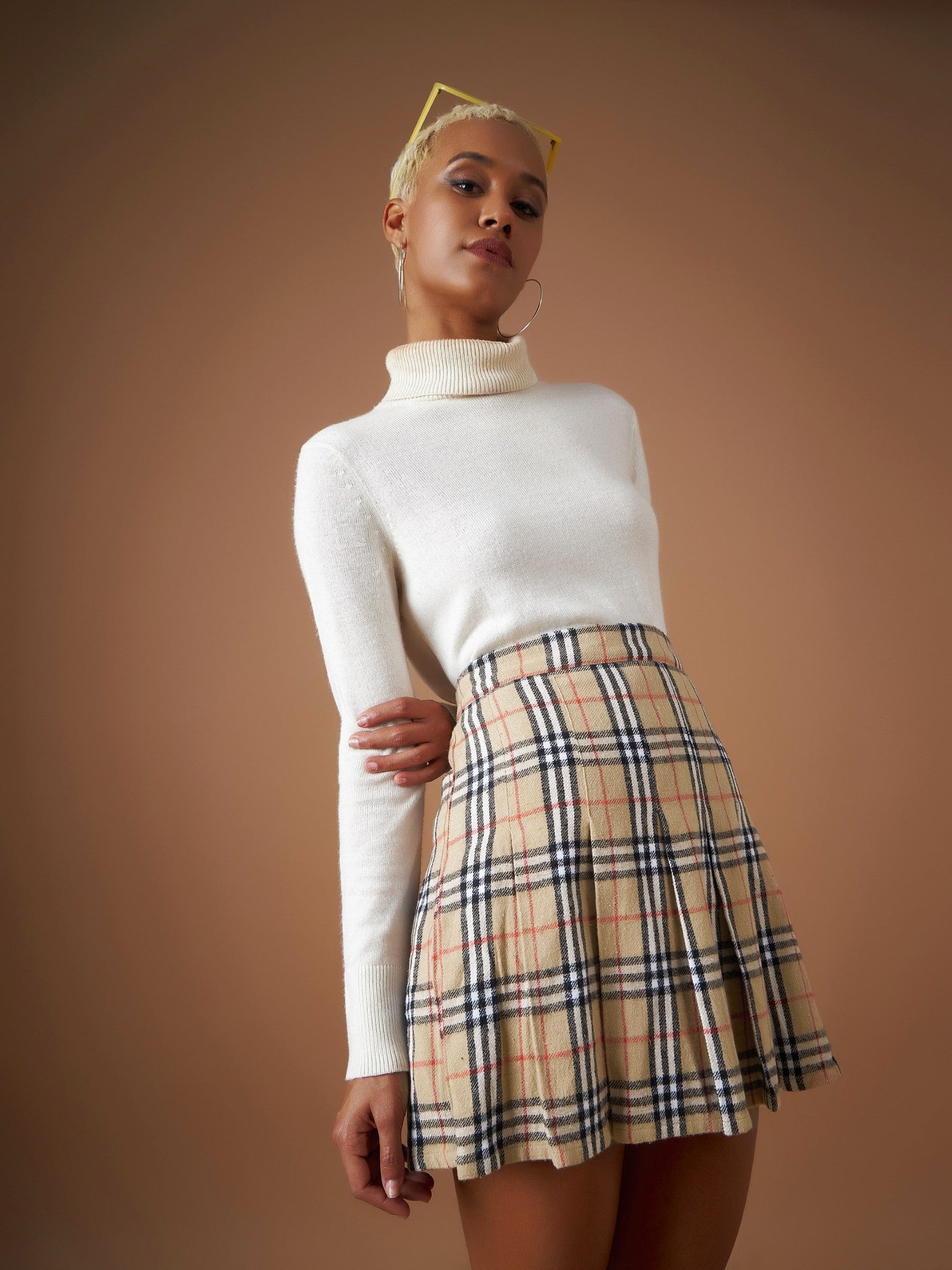 Beige Flannel Check Pleated Mini Skirt-SASSAFRAS