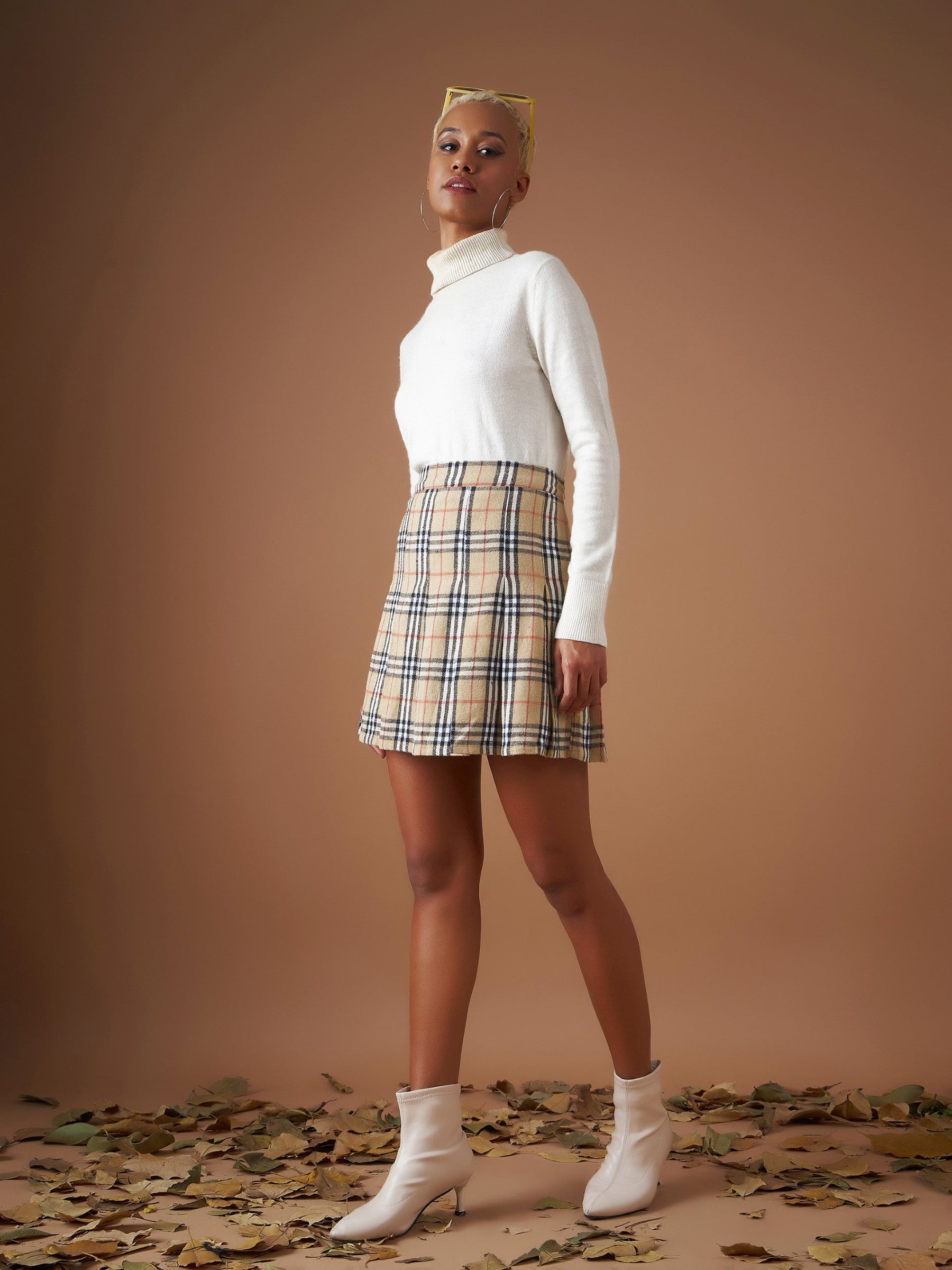 Beige Flannel Check Pleated Mini Skirt-SASSAFRAS