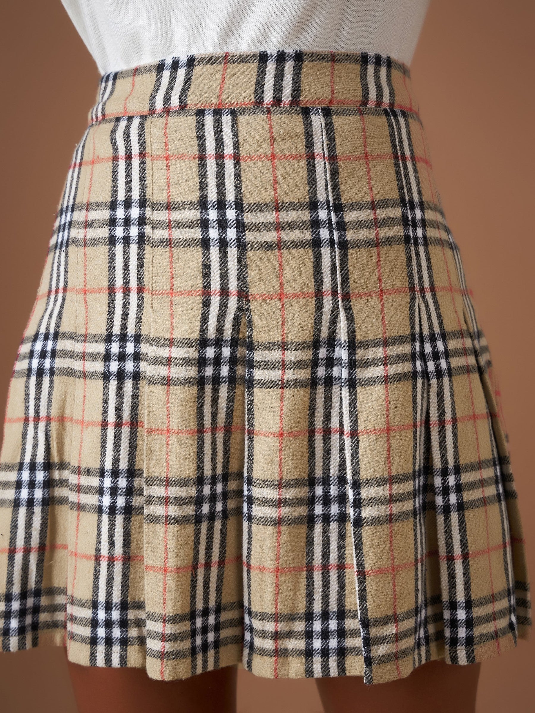 Beige Flannel Check Pleated Mini Skirt-SASSAFRAS