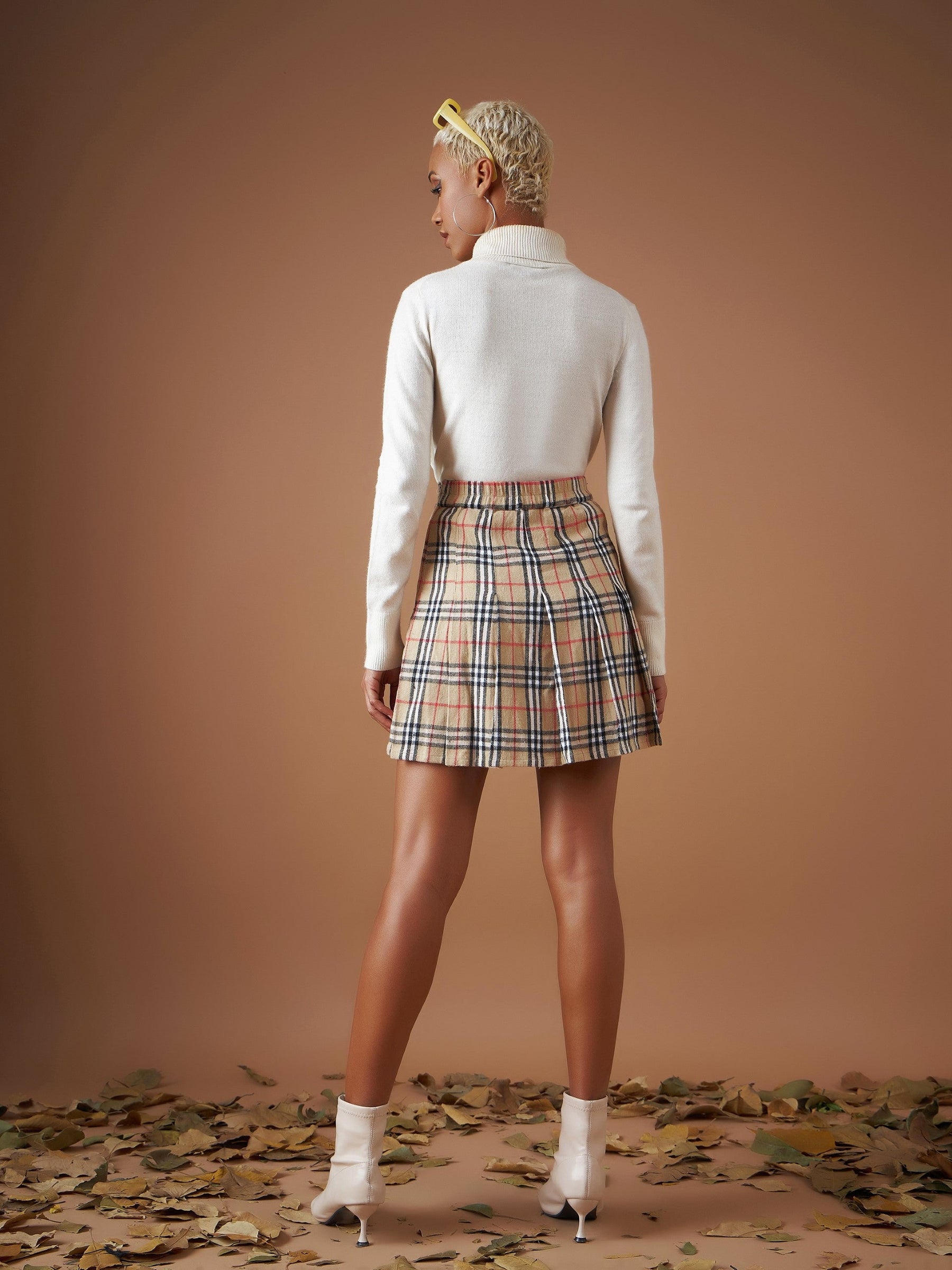 Beige Flannel Check Pleated Mini Skirt-SASSAFRAS