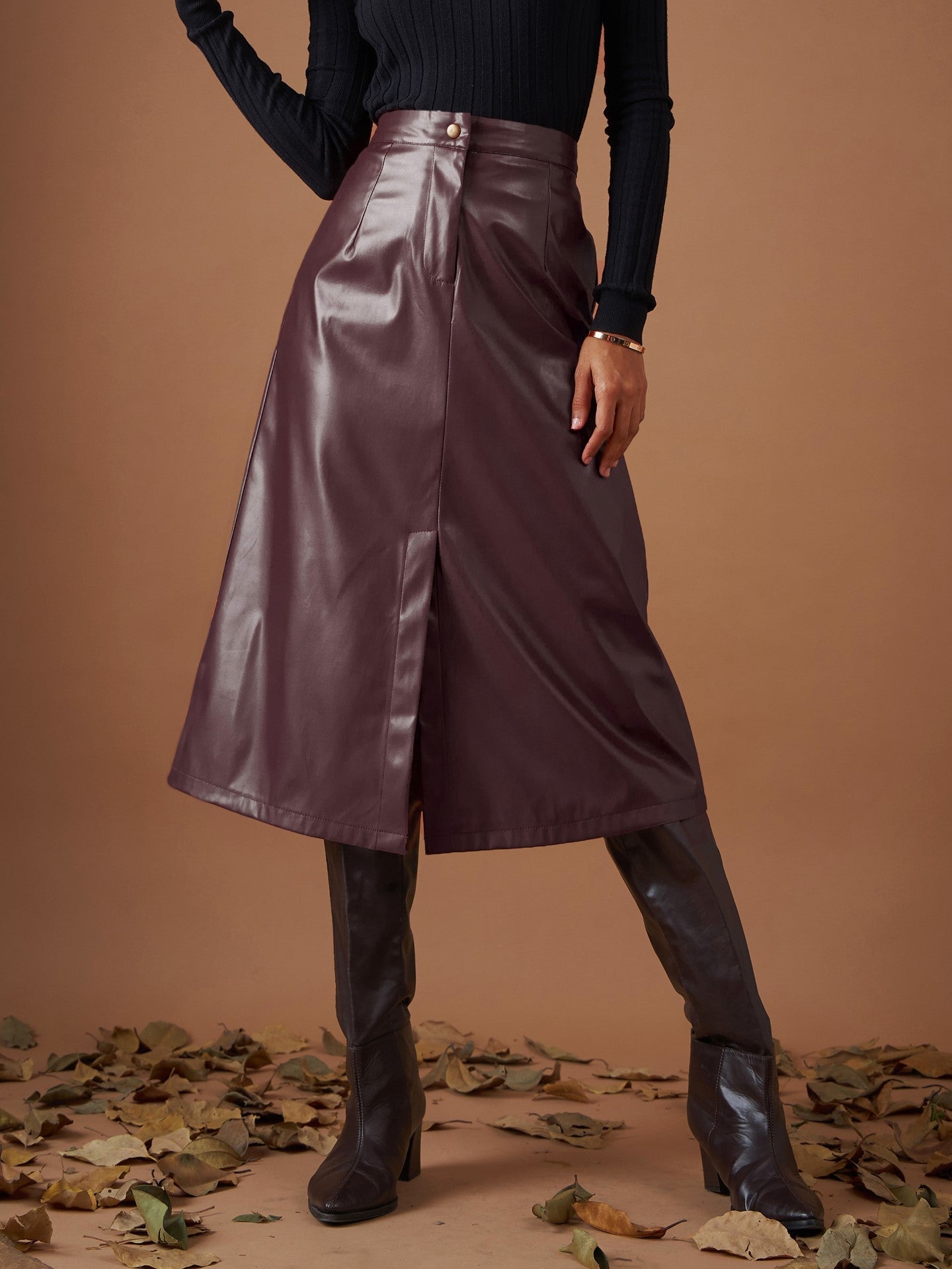 Maroon PU A-Line Below Knee Skirt -SASSAFRAS