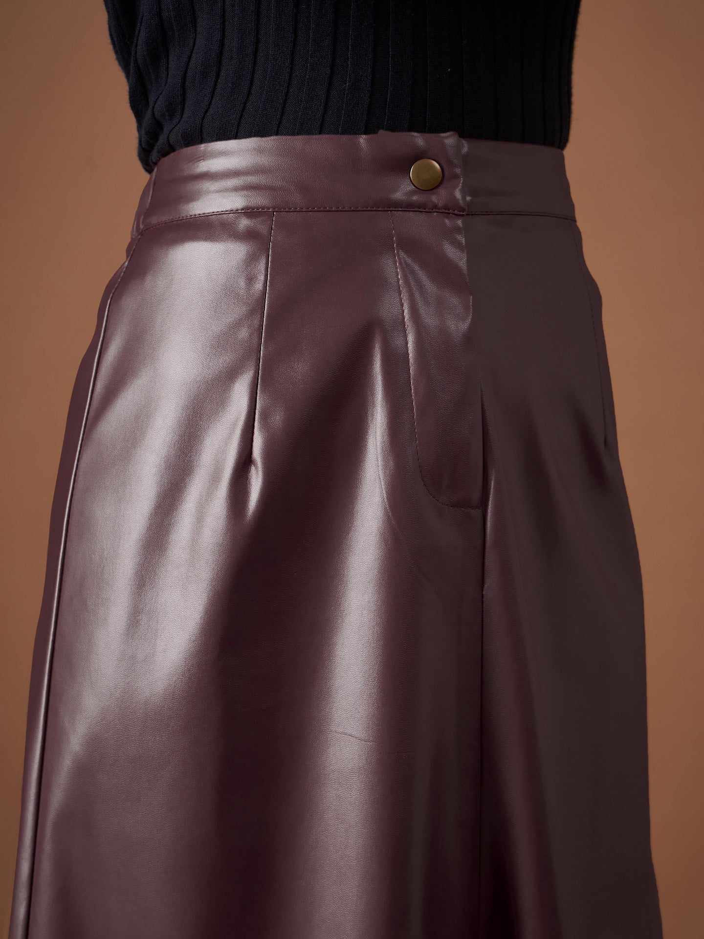 Maroon PU A-Line Below Knee Skirt -SASSAFRAS
