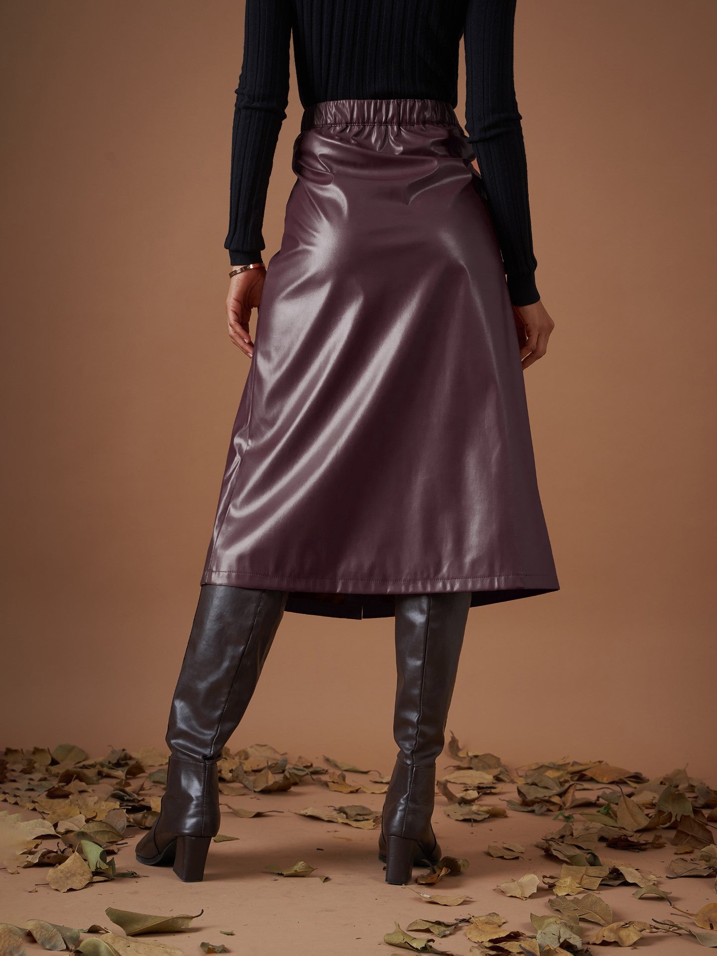 Maroon PU A-Line Below Knee Skirt -SASSAFRAS