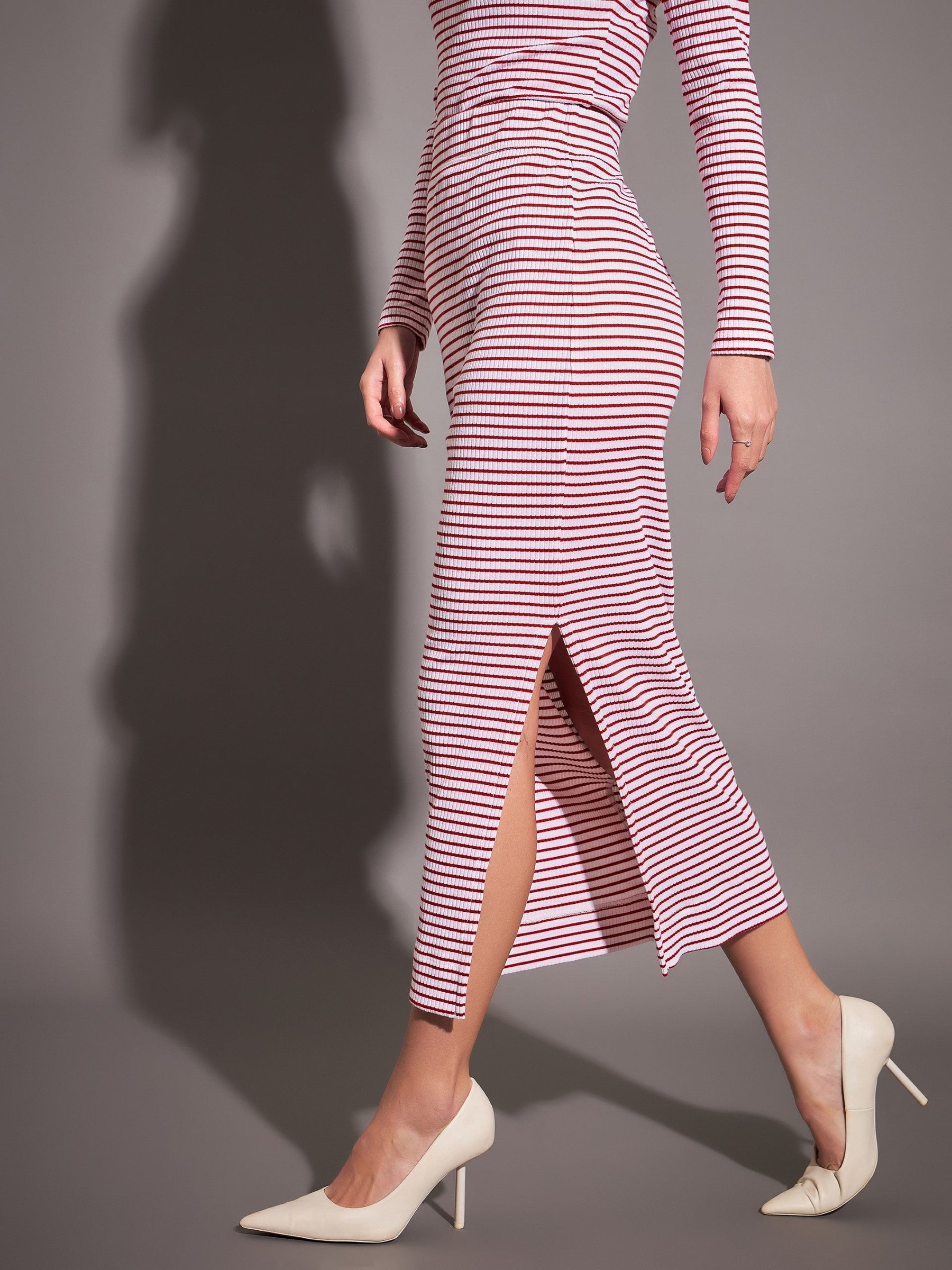 Red & White Striped Rib Pencil Skirt-SASSAFRAS