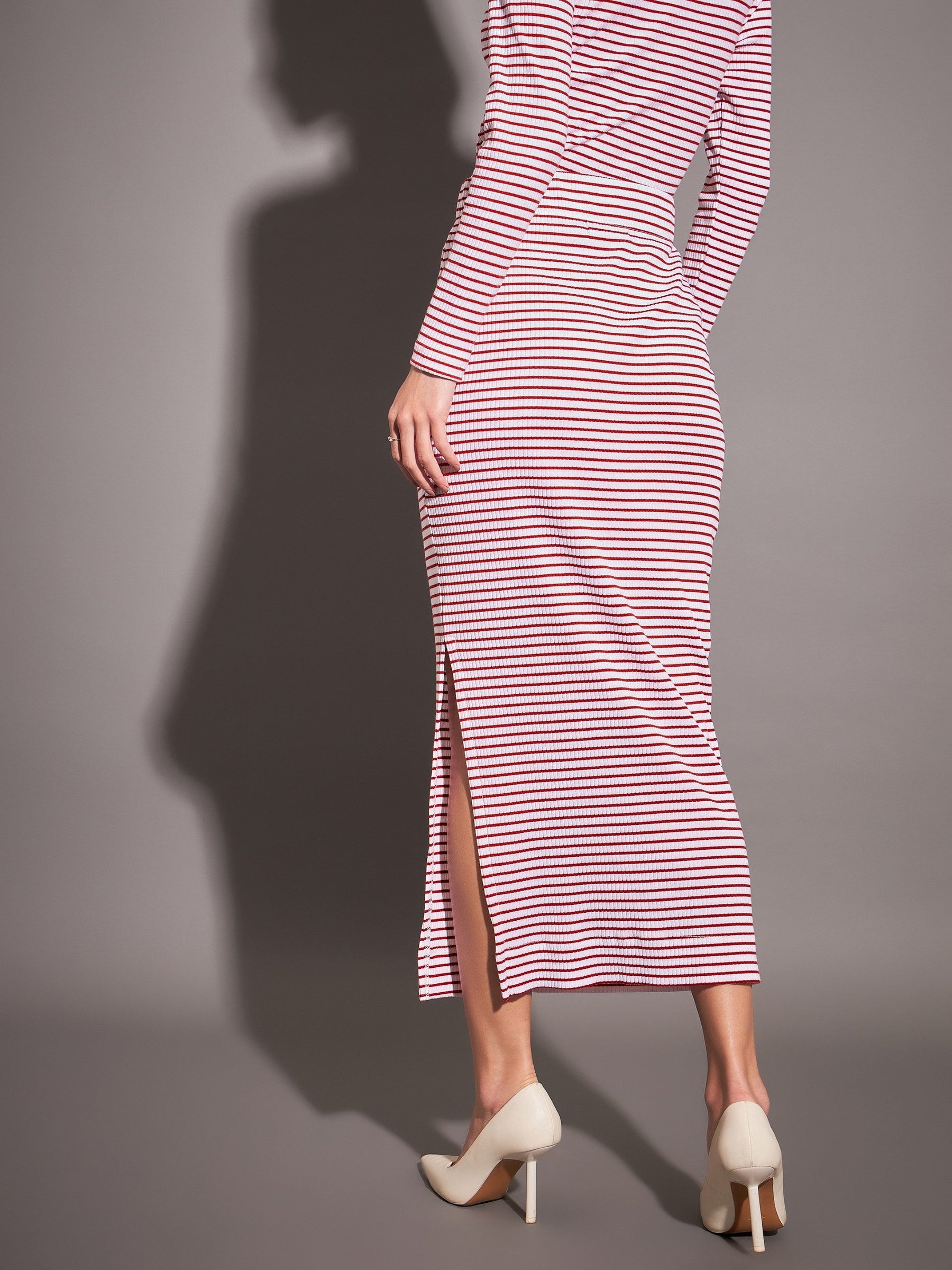 Red & White Striped Rib Pencil Skirt-SASSAFRAS