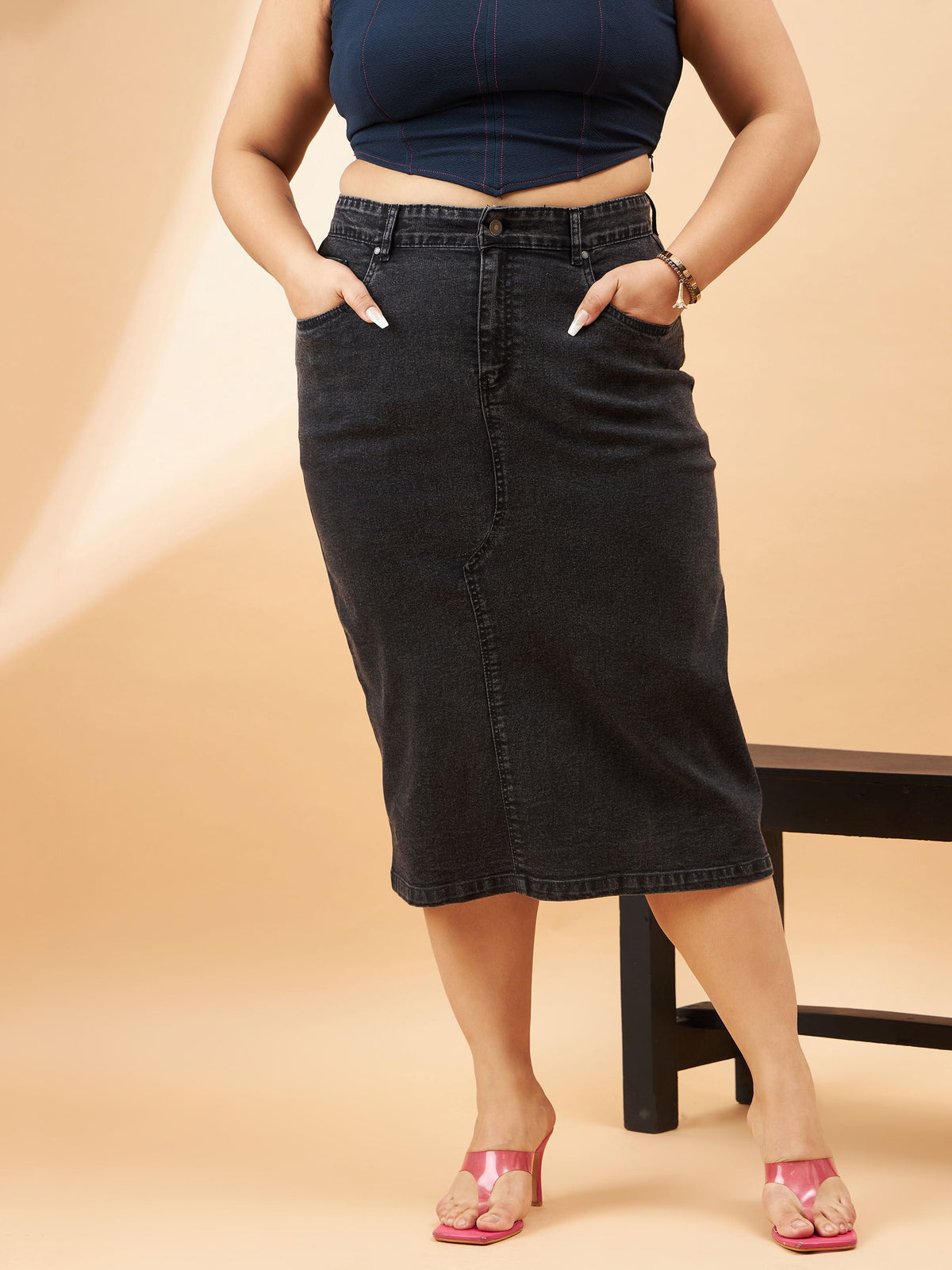 Black Denim Acid Wash A-Line Skirt-SASSAFRAS Curve