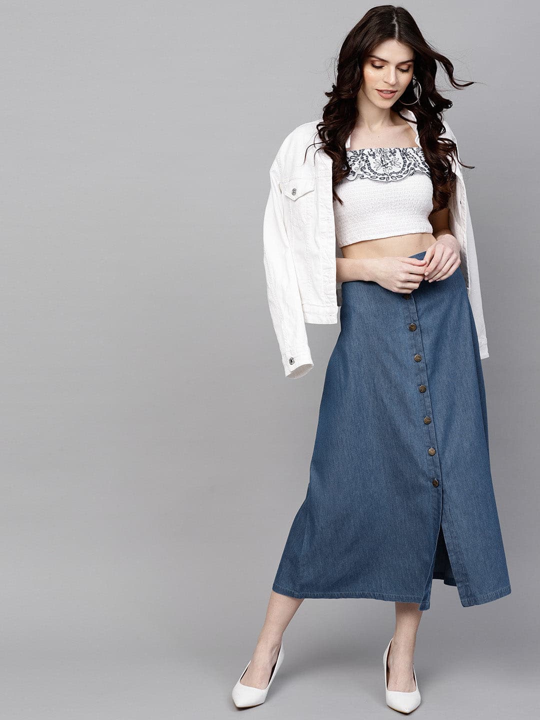 Blue Denim Longline Buttoned Skirt-Skirts-SASSAFRAS