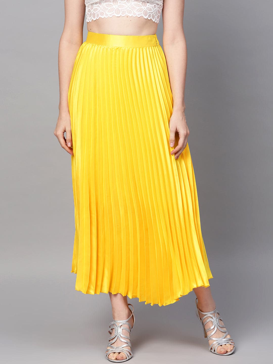 Yellow Satin Pleated Maxi Skirt - Main Image