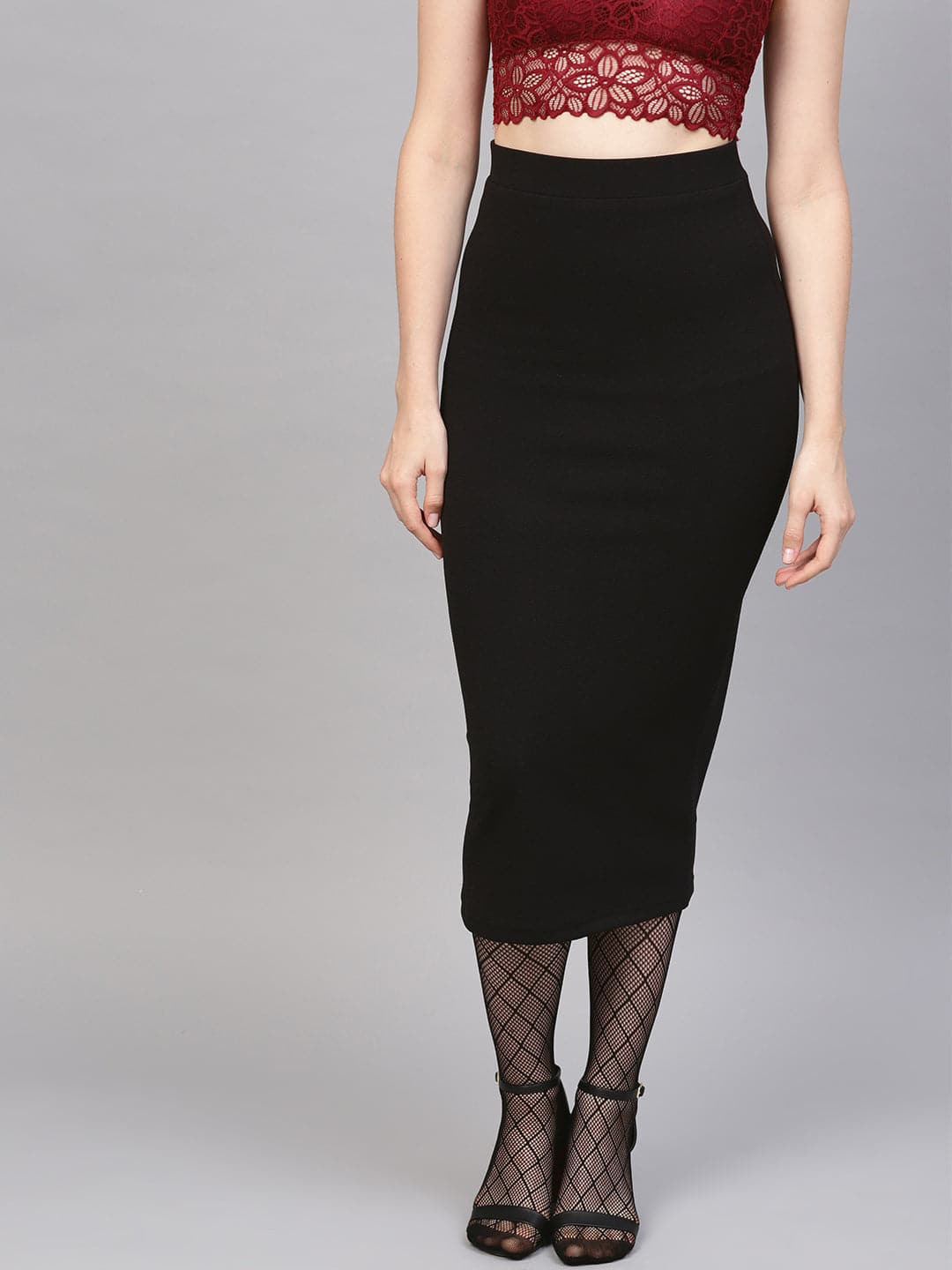 Black Rib Pencil Midi Skirt - Main Image