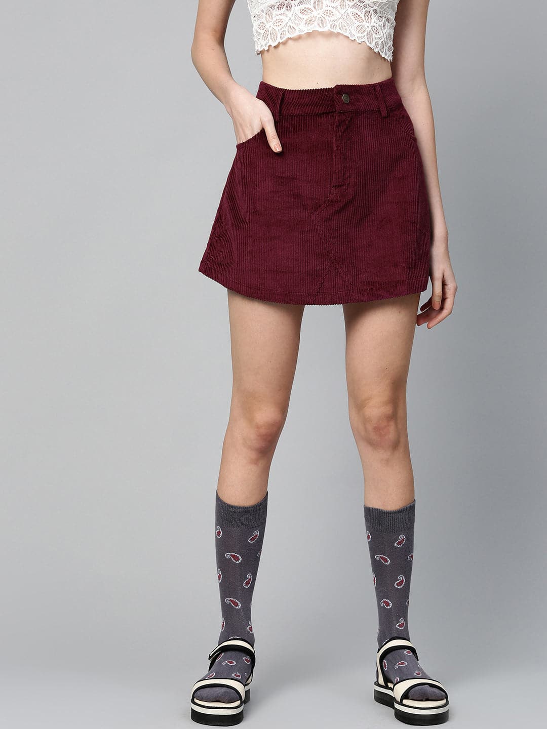 Burgundy Corduroy A-Line Mini Skirt-Skirts-SASSAFRAS
