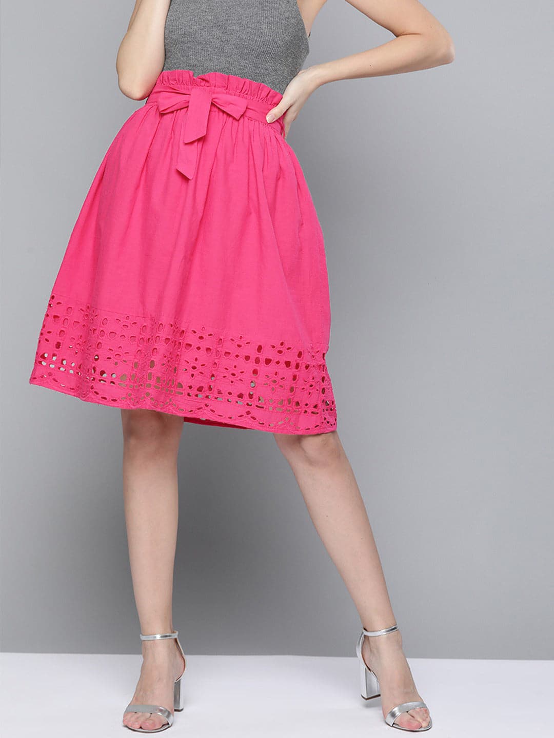Fuchsia Schiffli Flared Midi Skirt -SASSAFRAS