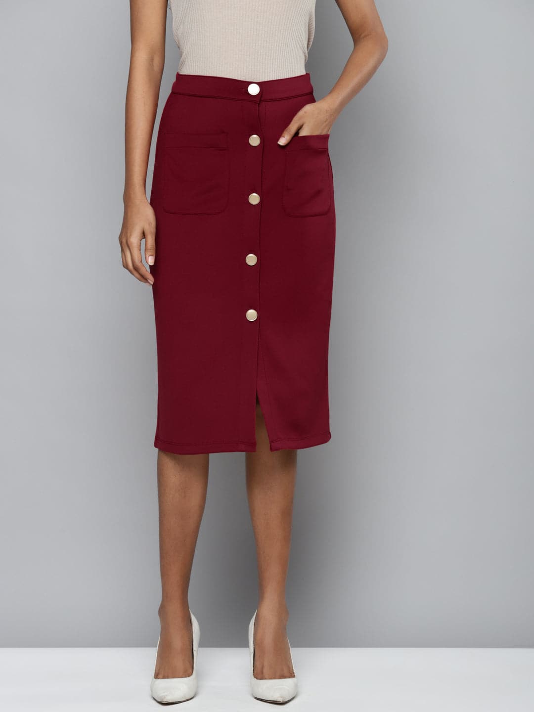 Maroon skirt with 2025 buttons down front