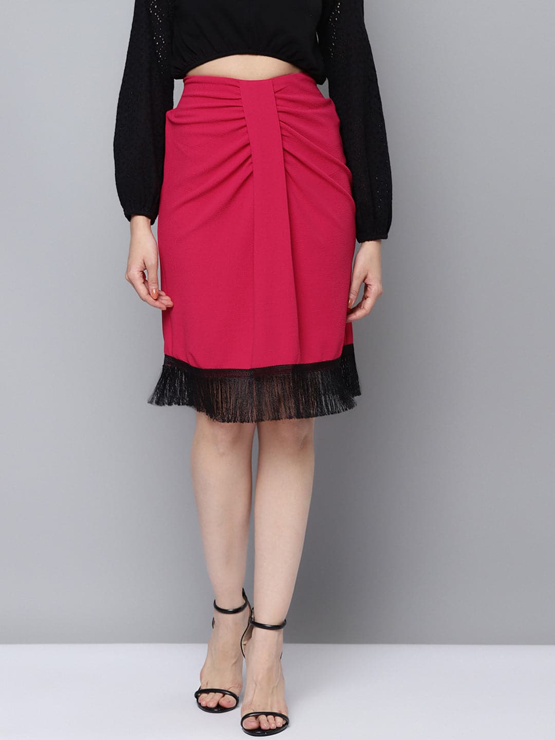 Women Fuchsia Fringe Lace Skirt - Main Image