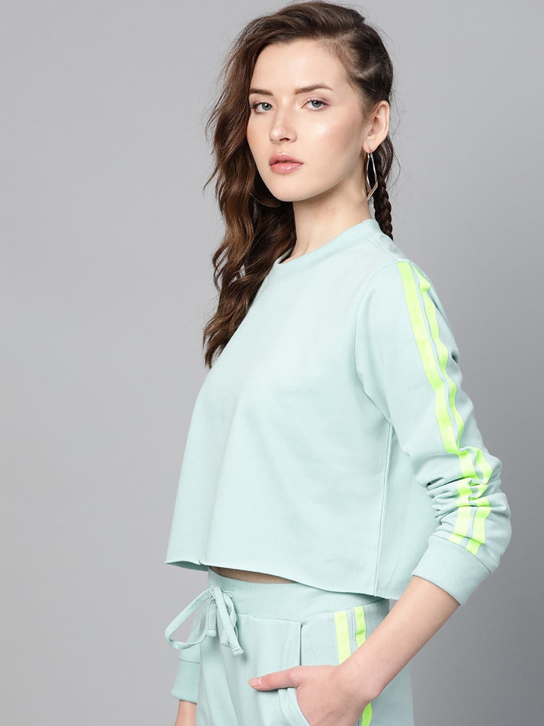 Sea Green Double Tape Boxy Crop Sweatshirt-Sweatshirts-SASSAFRAS