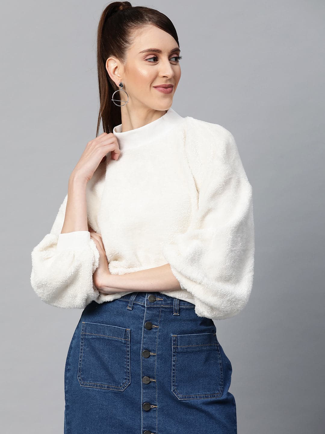 White Balloon Sleeve Faux Fur Sweatshirt-Sweatshirts-SASSAFRAS