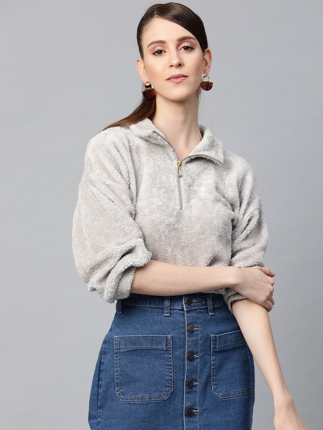 Grey Zip Front Faux Fur Crop Sweatshirt-Sweatshirts-SASSAFRAS