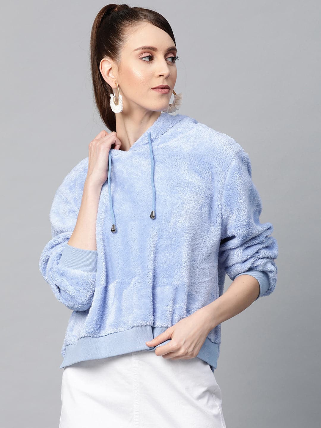 Blue Hooded Faux Fur Sweatshirt-Sweatshirts-SASSAFRAS
