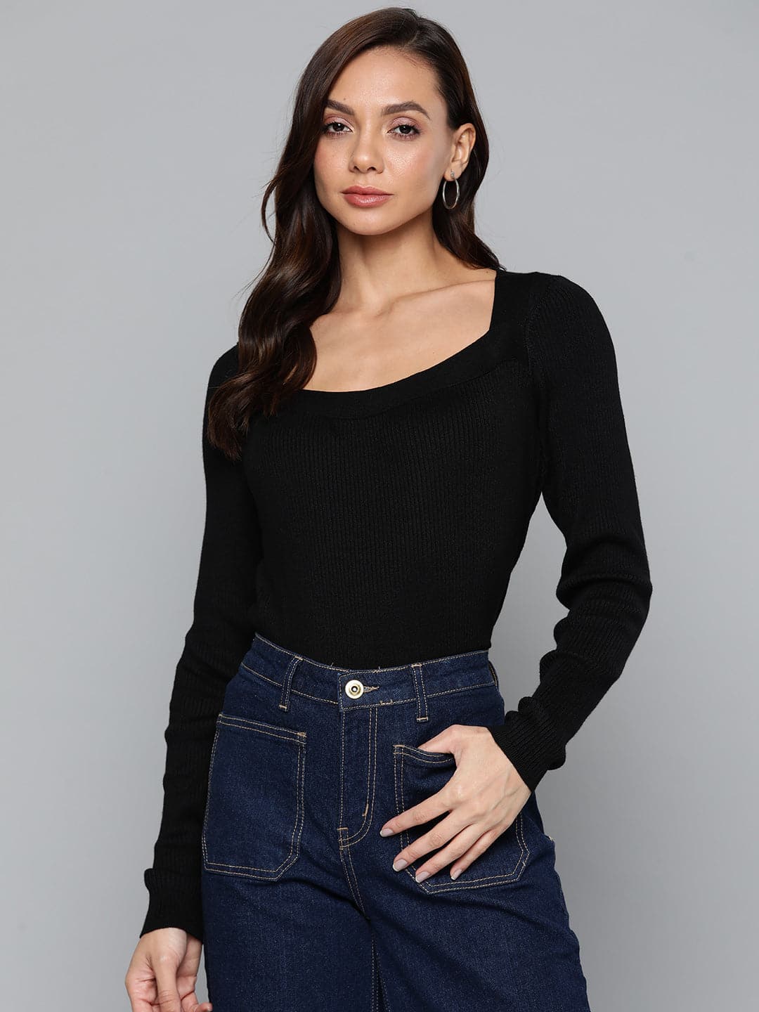 Women Black Rib Square Neck Full Sleeves Sweater-Sweater-SASSAFRAS