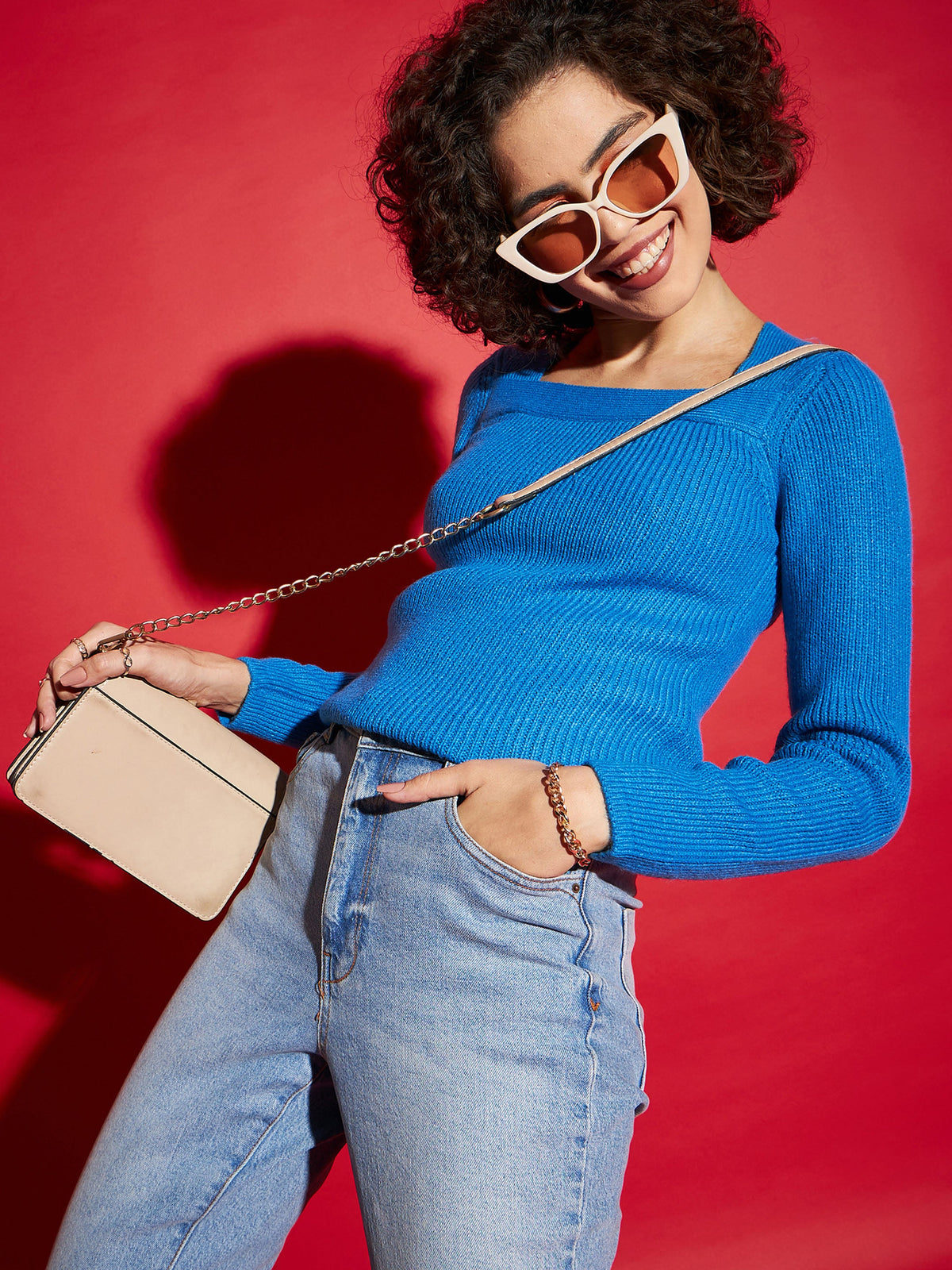 Blue Rib Square Neck Full Sleeves Sweater-SASSAFRAS