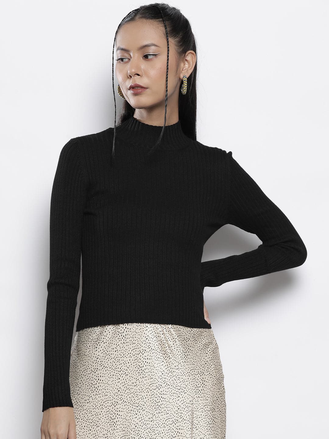 Black Rib High Neck Full Sleeves Sweater-SASSAFRAS