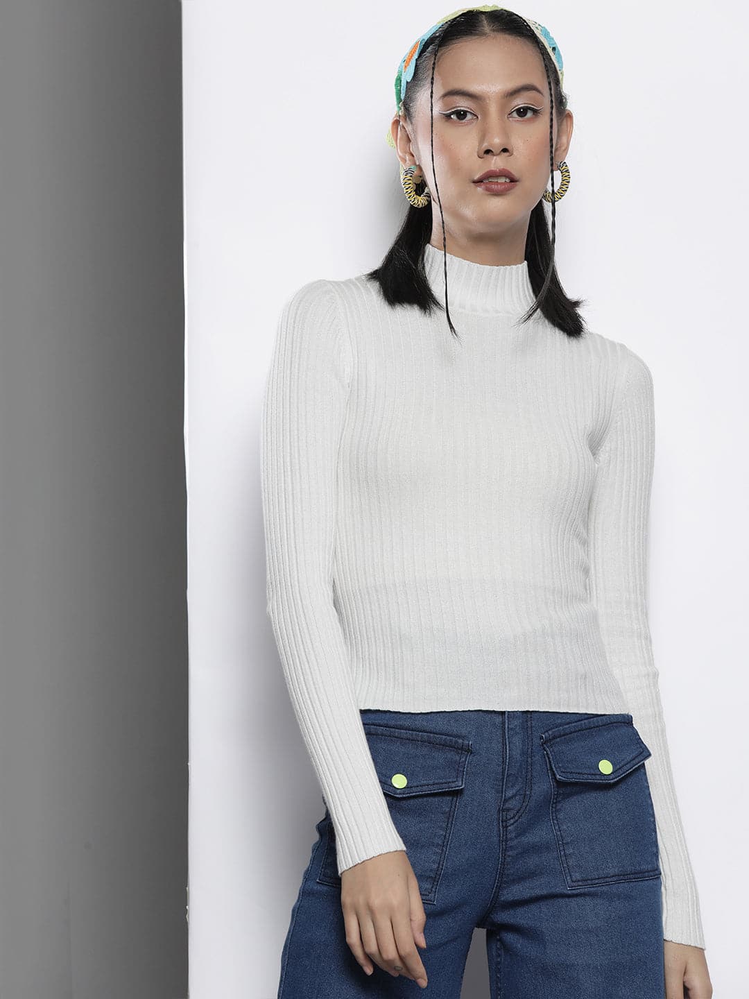 White Rib High Neck Full Sleeves Sweater-SASSAFRAS