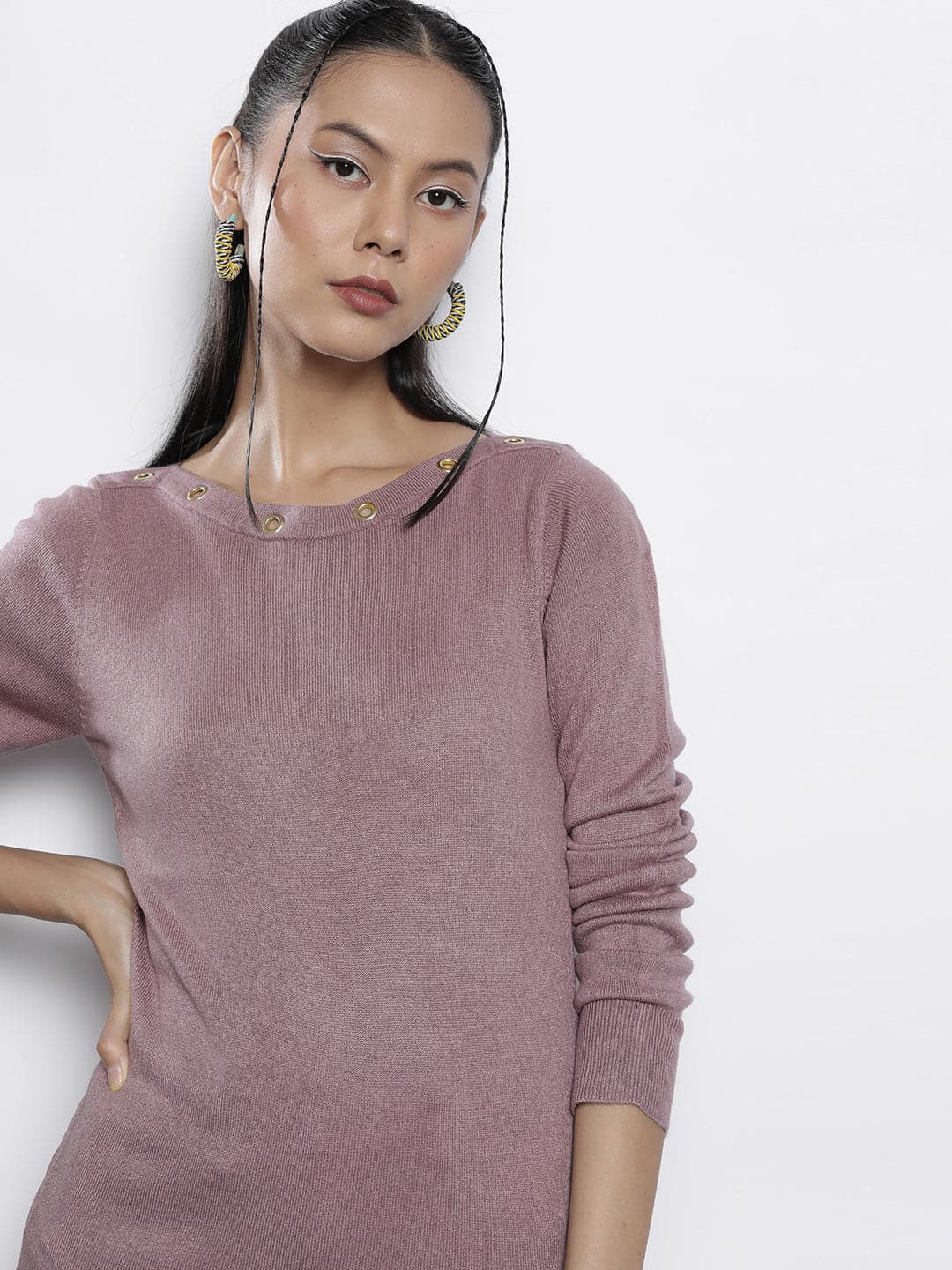 Lavender Rib Boat Neck Full Sleeves Sweater-SASSAFRAS