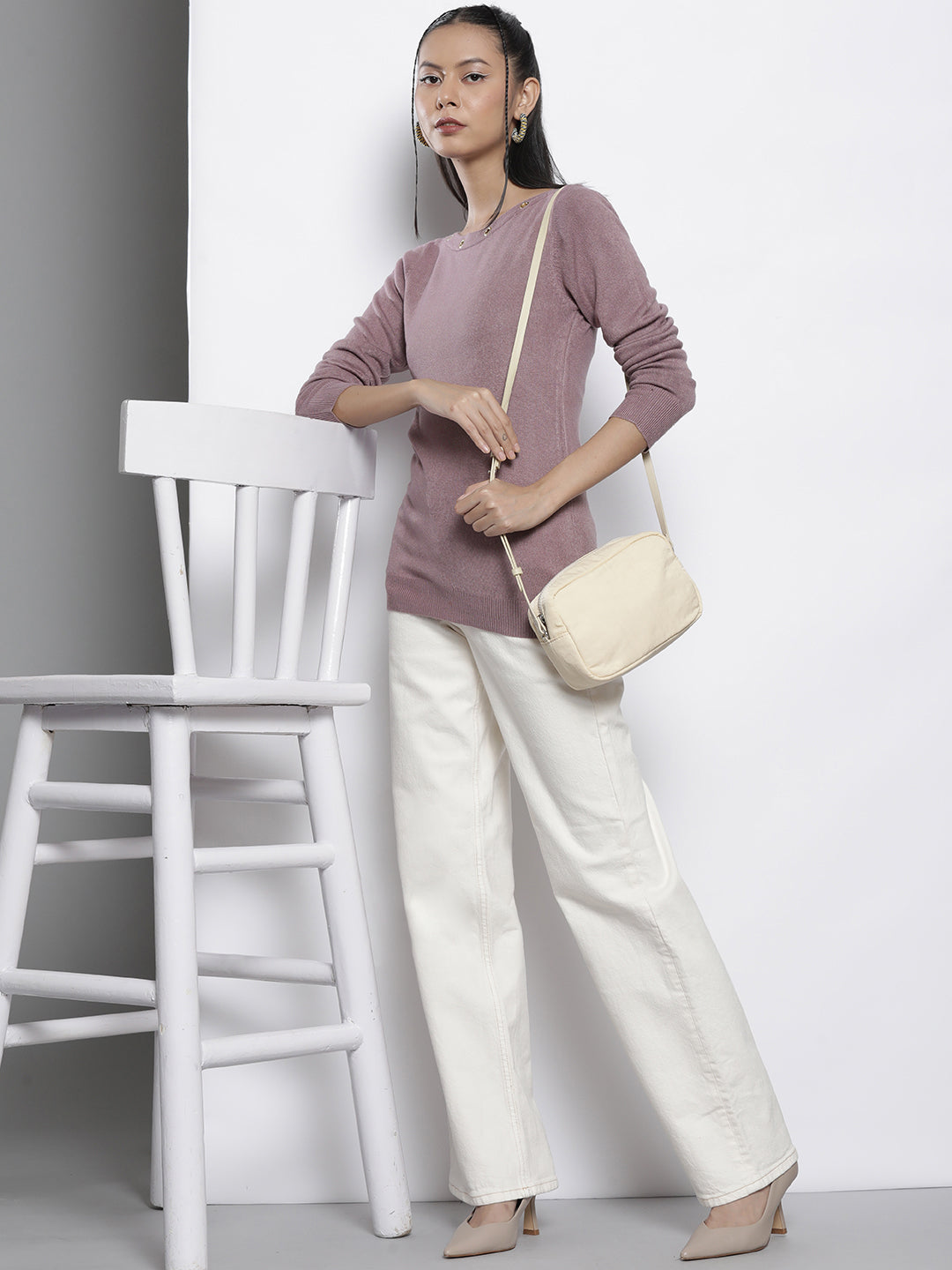 Women Lavender Rib Boat Neck Full Sleeves Sweater