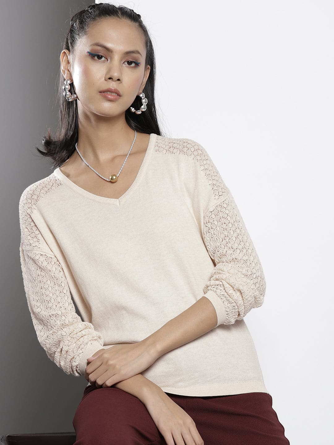 Women Beige Knitted V-Neck Full Sleeves Sweater - Main Image