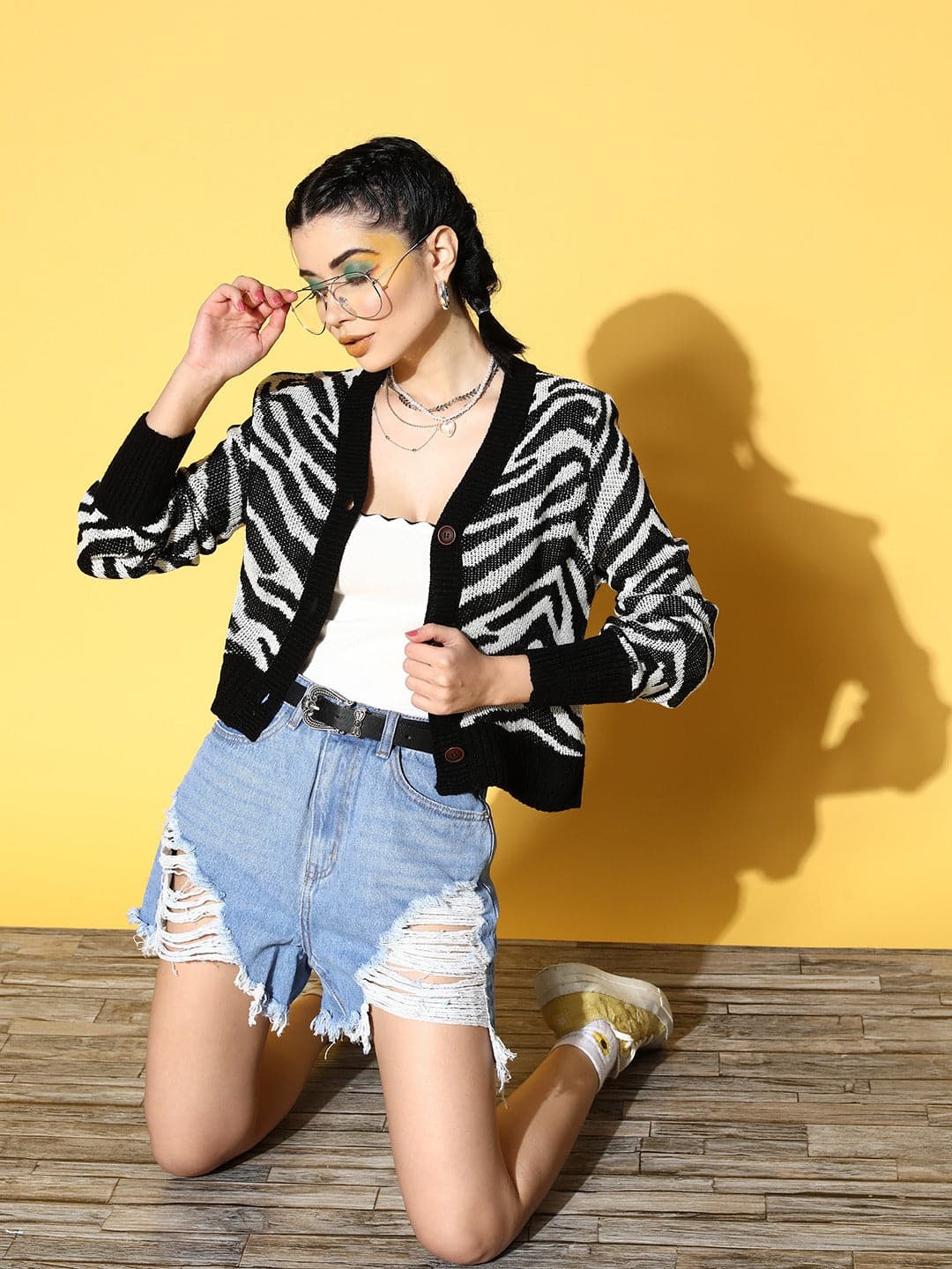 Black Animal Print Front Open Wool Cardigan-SASSAFRAS