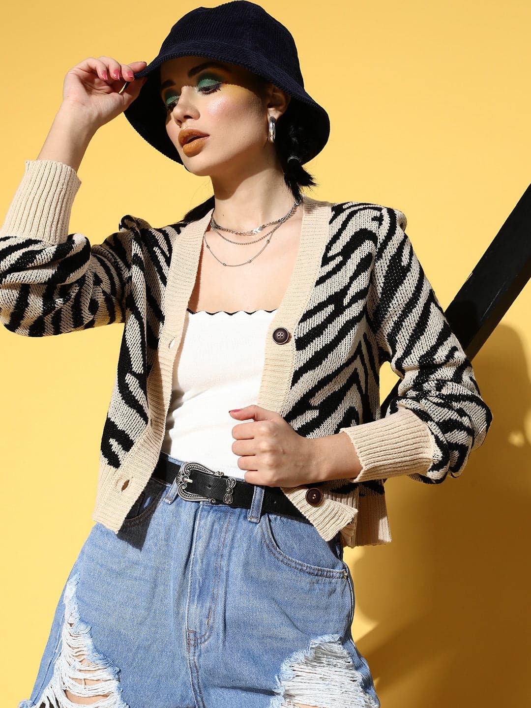 Beige Animal Print Front Open Wool Cardigan-SASSAFRAS