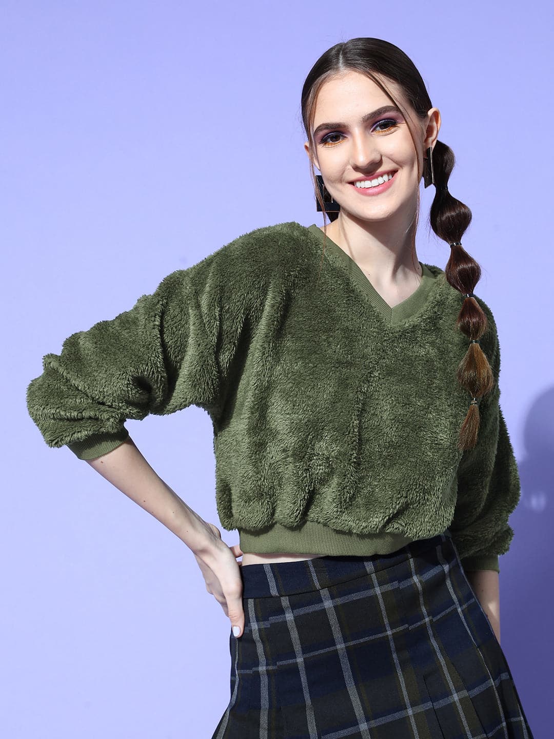 Olive V-Neck Fur Crop Sweatshirt-SASSAFRAS