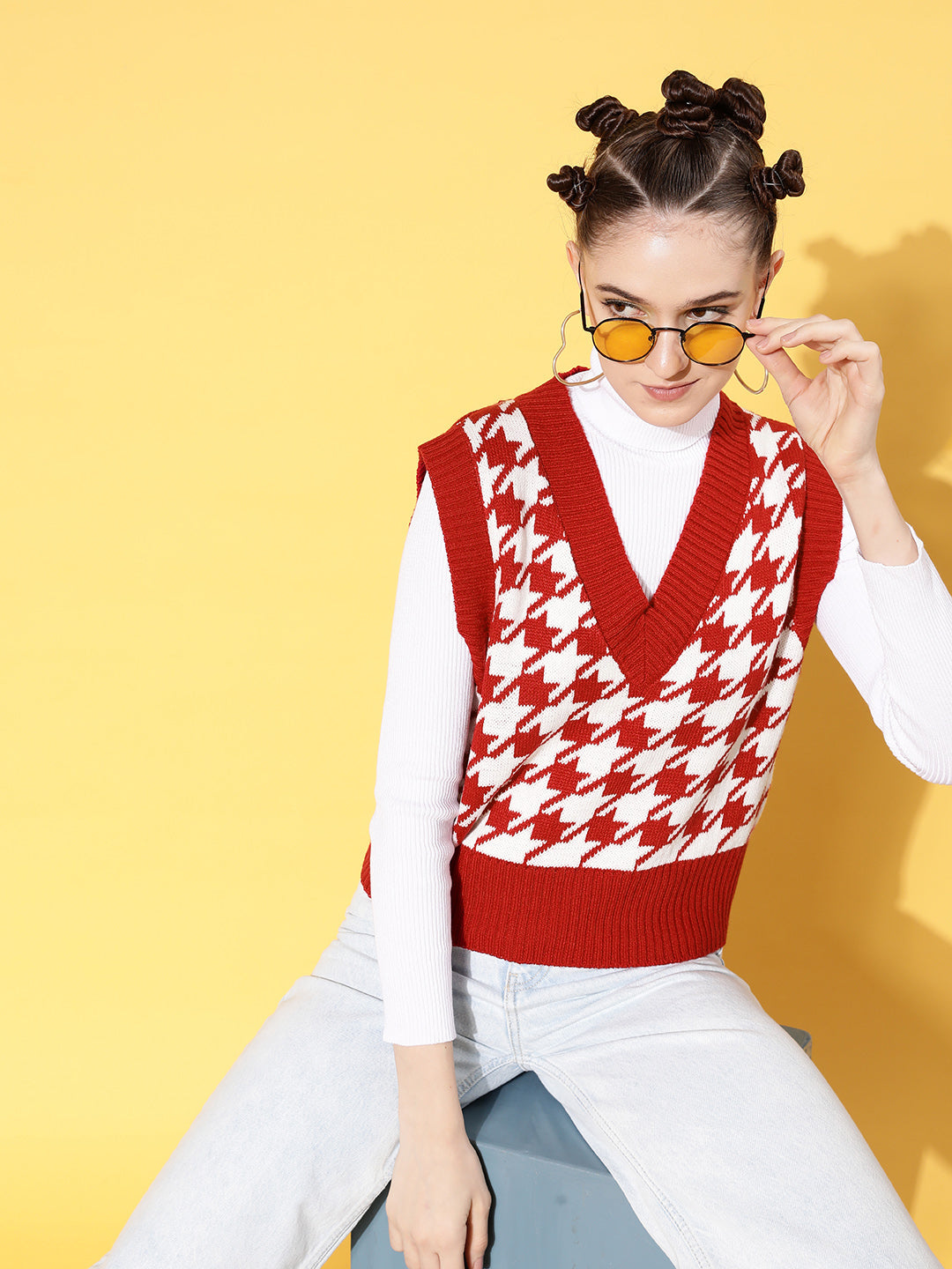 Red Houndstooth V-Neck Sleeveless Sweater-SASSAFRAS