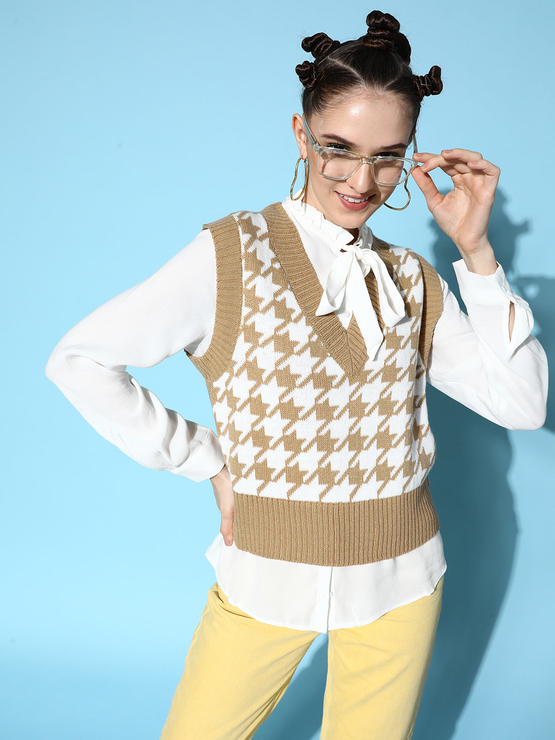 Brown Houndstooth V-Neck Sleeveless Sweater-SASSAFRAS