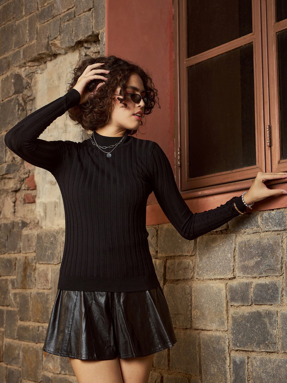 Black Rib Full Sleeves High Neck Sweater-SASSAFRAS