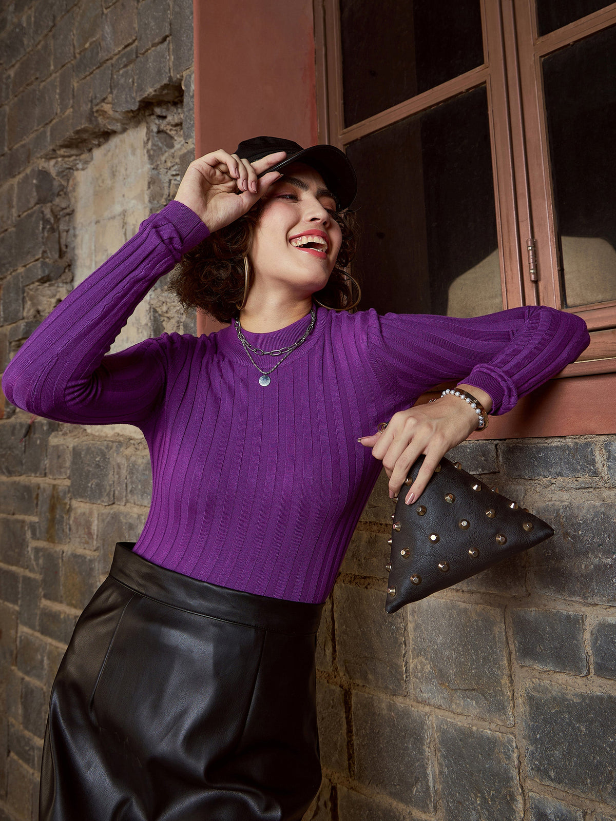 Purple Rib Full Sleeves High Neck Sweater-SASSAFRAS