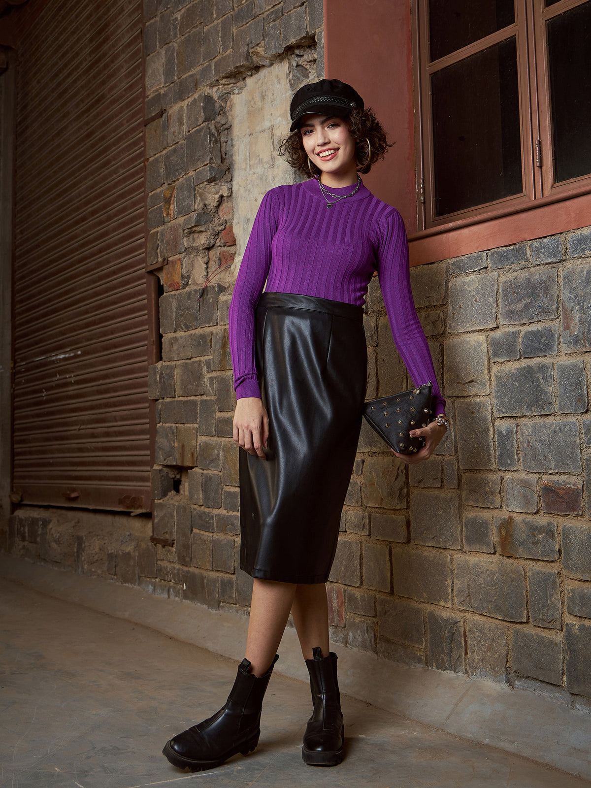 Purple Rib Full Sleeves High Neck Sweater-SASSAFRAS