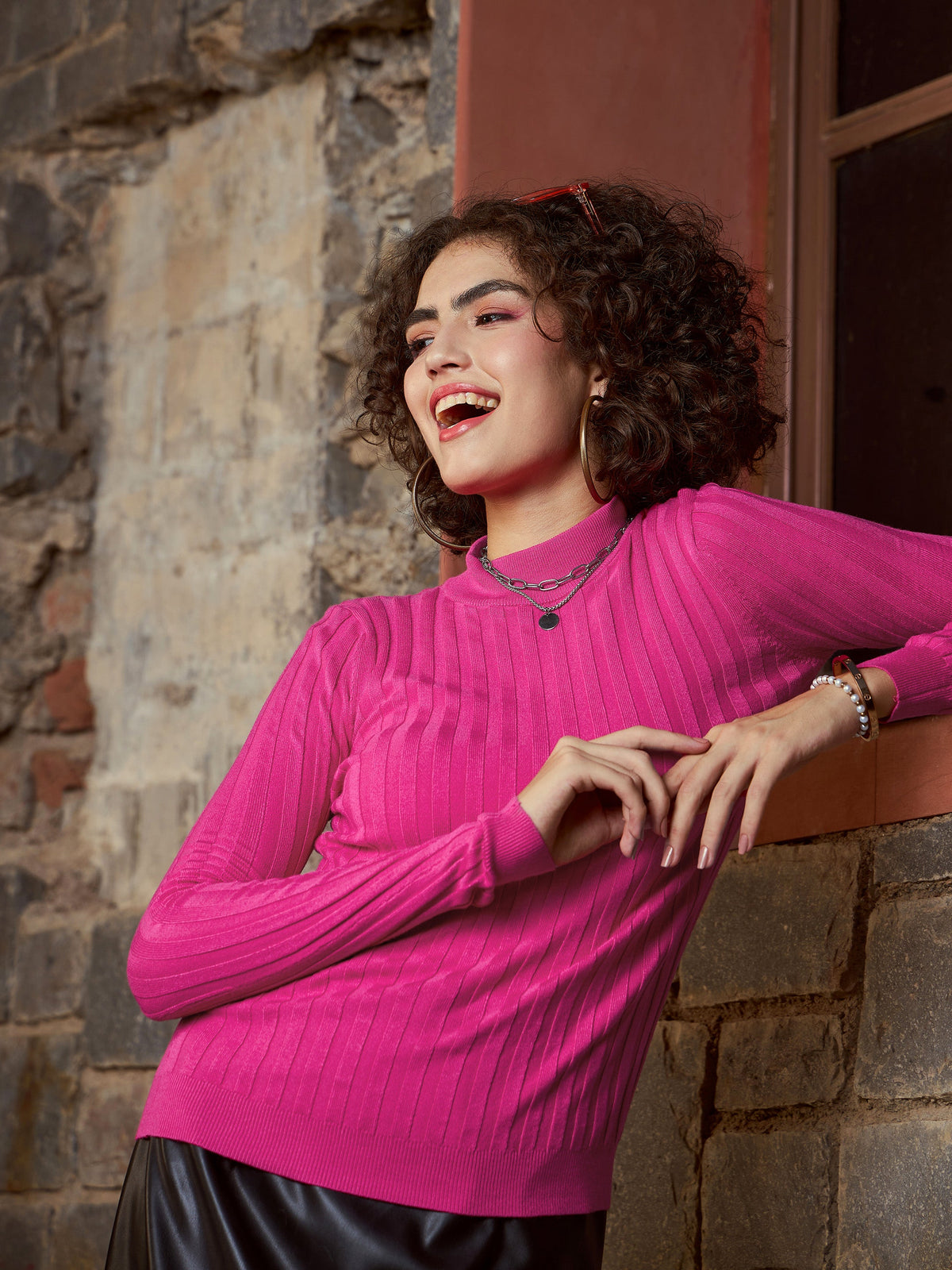 Pink Rib Full Sleeves High Neck Sweater-SASSAFRAS