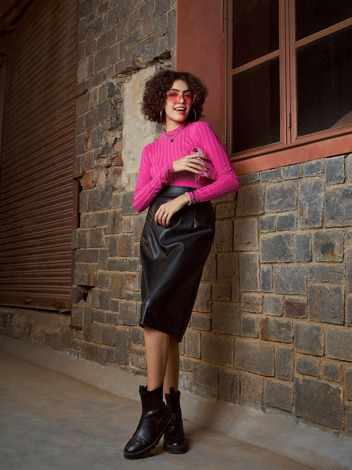 Pink Rib Full Sleeves High Neck Sweater-SASSAFRAS