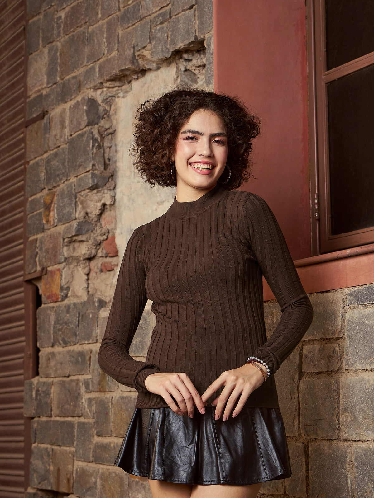 Brown Rib Full Sleeves High Neck Sweater-SASSAFRAS